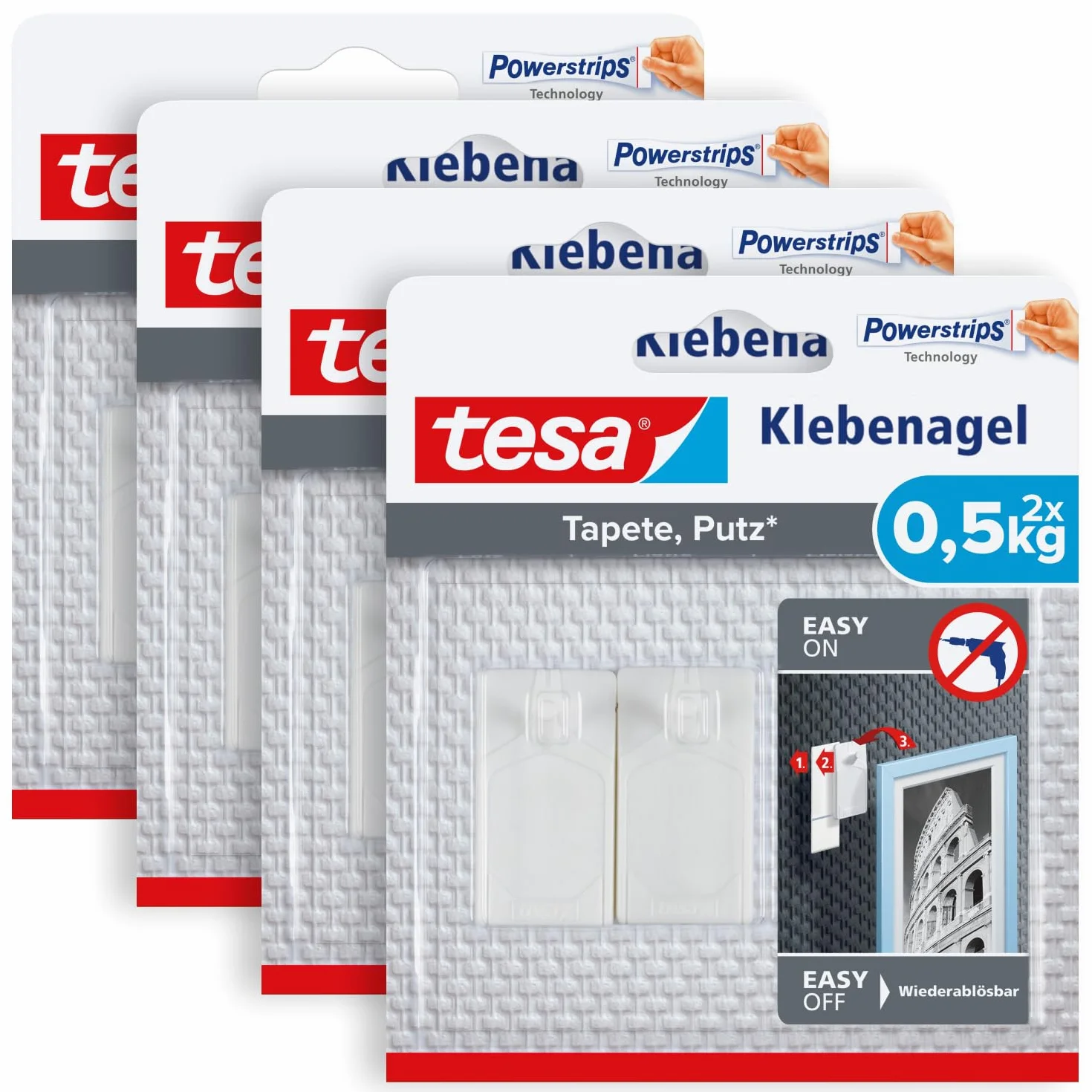 tesa Gwoździe samoprzylepne do tapet i tynku 0,5 kg w opakowaniu 4 szt. – samoprzylepne paznokcie do delikatnych powierzchni – bez pozostawiania śladów – do 0,5 kg udźwigu na gwóźdź – 4 x 2 gwoździe