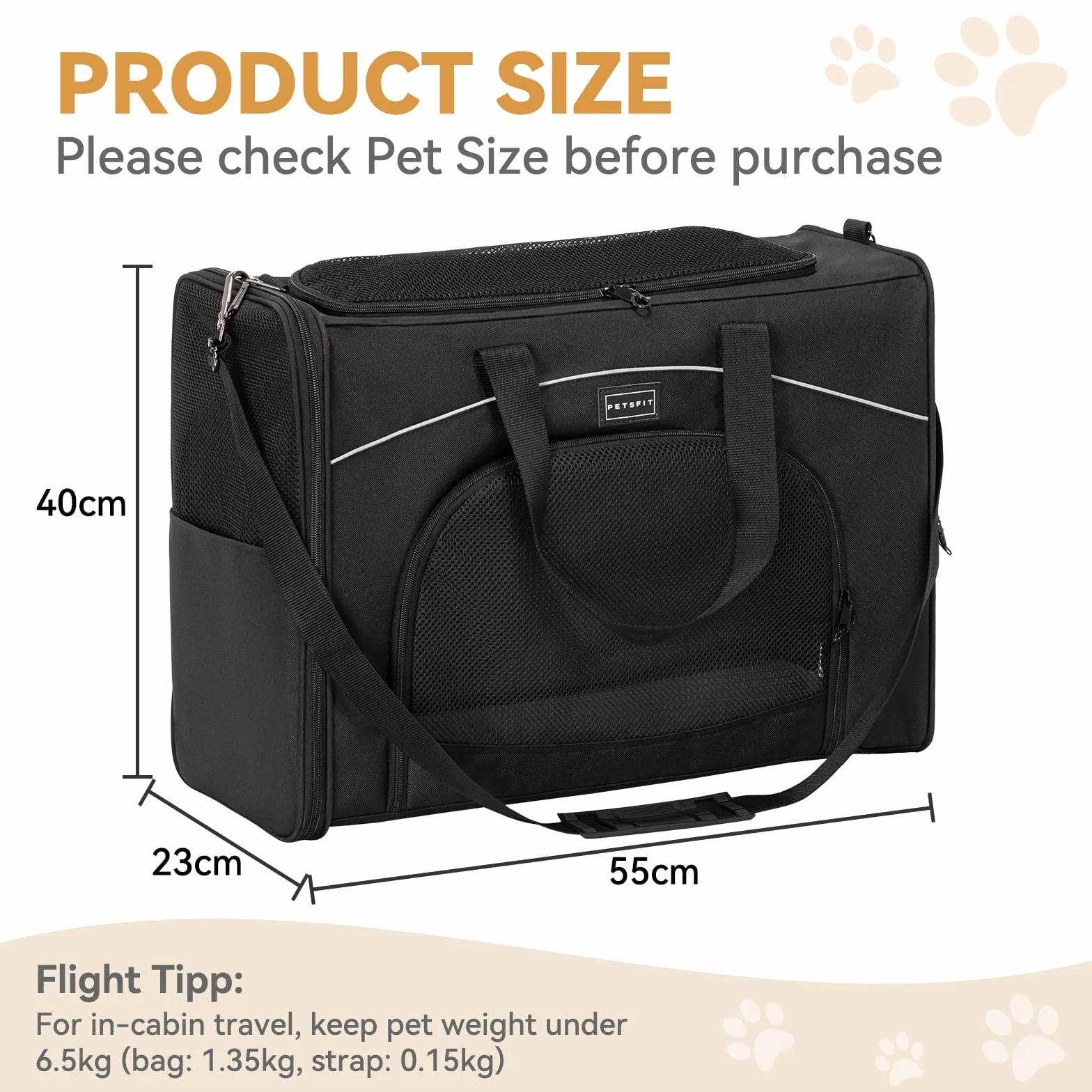 Petsfit Torba dla psa, samolot, 55 x 40 x 23 cm, torba transportowa dla psa, kota, bezpieczny transport w samochodzie, samolocie i pociągu, z 2 metodami umieszczenia, L/czarna