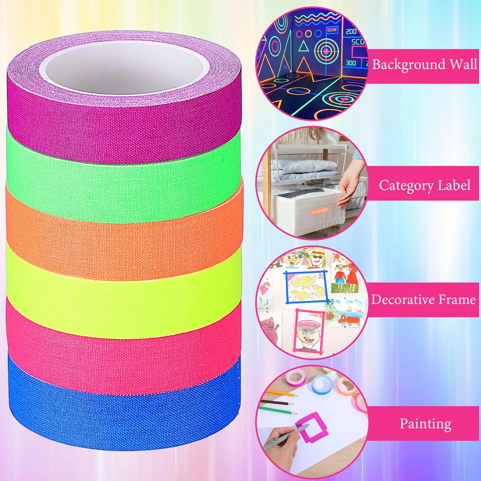 TIESOME 6 rolek neonowej taśmy klejącej, taśma fluorescencyjna UV, czarne światło, 1,5 cm x 5 m, taśma świetlna, dekoracja na imprezę i projekty artystyczne, 6 kolorów (niebieski, pomarańczowy, różowy