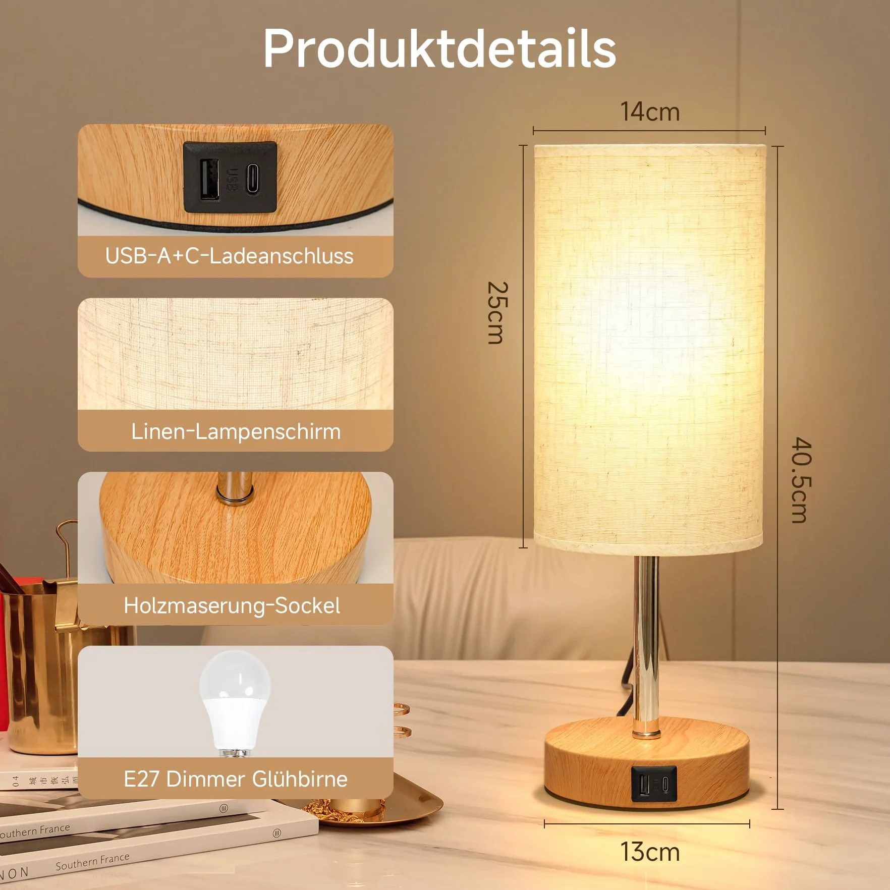 Görvitor Lampka nocna dotykowa, ściemniana, zestaw 2 sztuk, lampa stołowa z portami ładowania USB A/C, abażur lniany i 3 poziomy jasności, lampka nocna z kablem do sypialni (żarówka 9 W w zestawie)