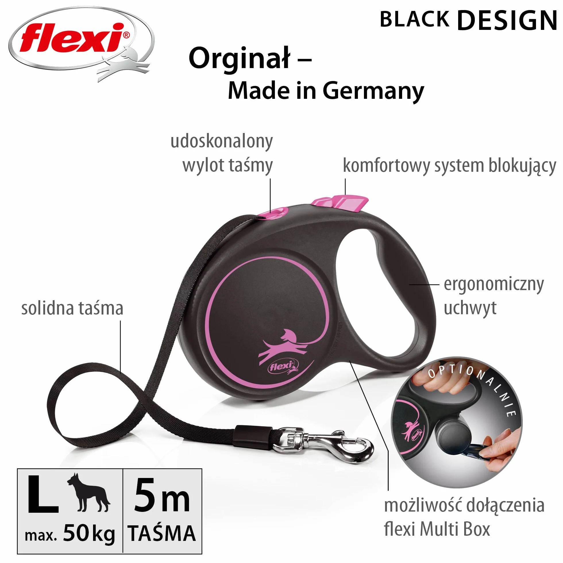 flexi smycz automatyczna Black Desing linka L 5m różowa
