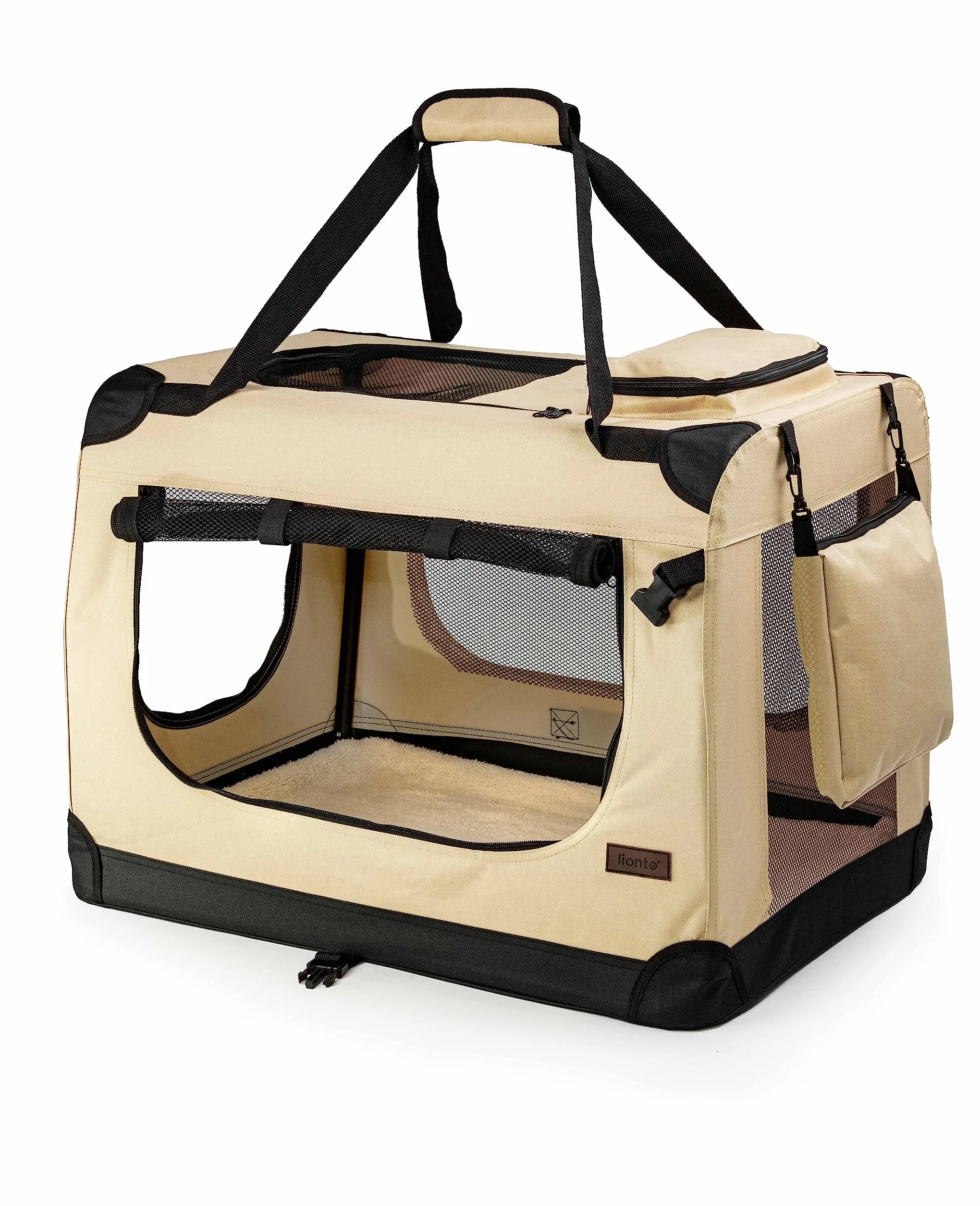 lionto Składany transporter dla psa do podróży i samochodu, 50x34x36 cm, wytrzymały transporter z uchwytami i kocem dla kota i psa do 10 kg, mocna torba z tkaniny, beżowy