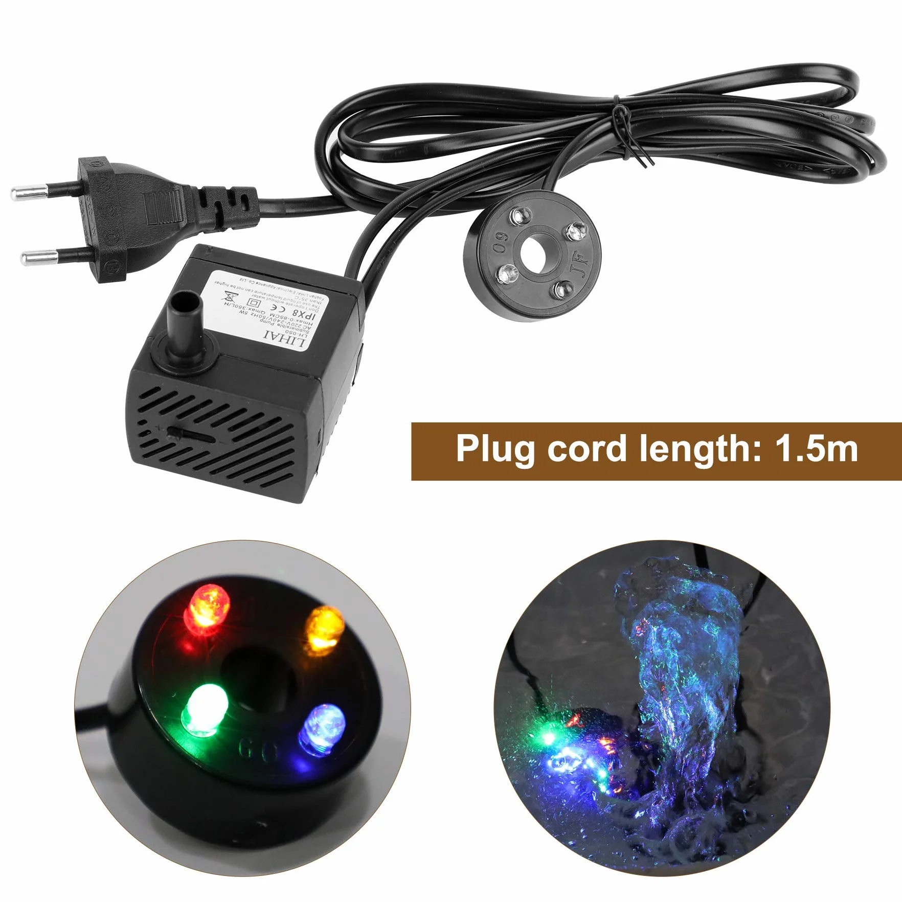 Mini pompa wodna z 4 diodami LED, 350 l/h, 3,5 W, do akwarium, pompa wodna do ogrodu, studni, ogrodu skalnego, pompa do akwarium, pompa zanurzeniowa, maks. wysokość tłoczenia 0,85 m