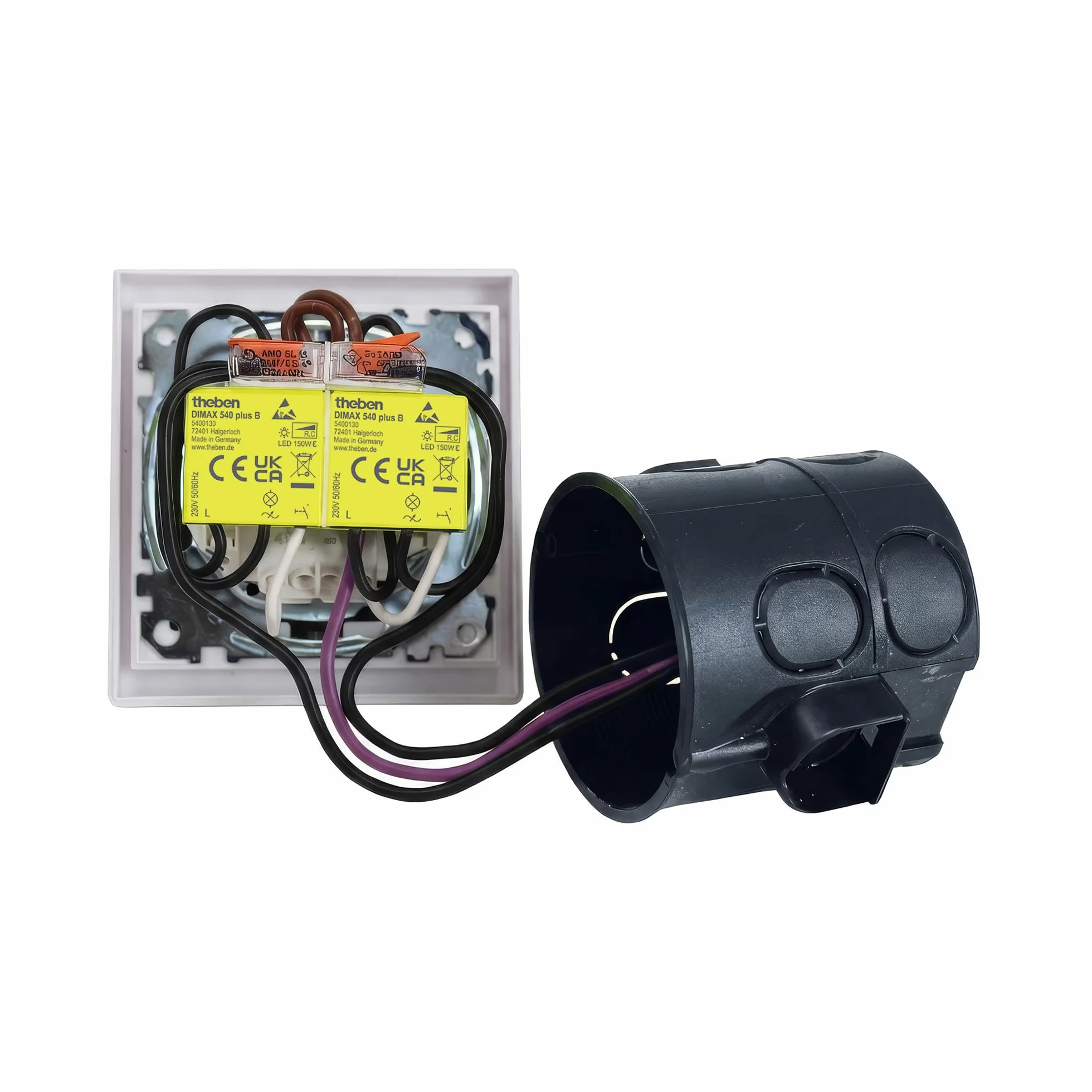 Theben 5400130 DIMAX 540 Plus B Podtynkowy ściemniacz Obciążenia R i C 230V AC Nie wymaga przewodu Neutralny mały model Dalsze wyposażenie Wycięcie w przypadku przegrzania Funkcja pamięci