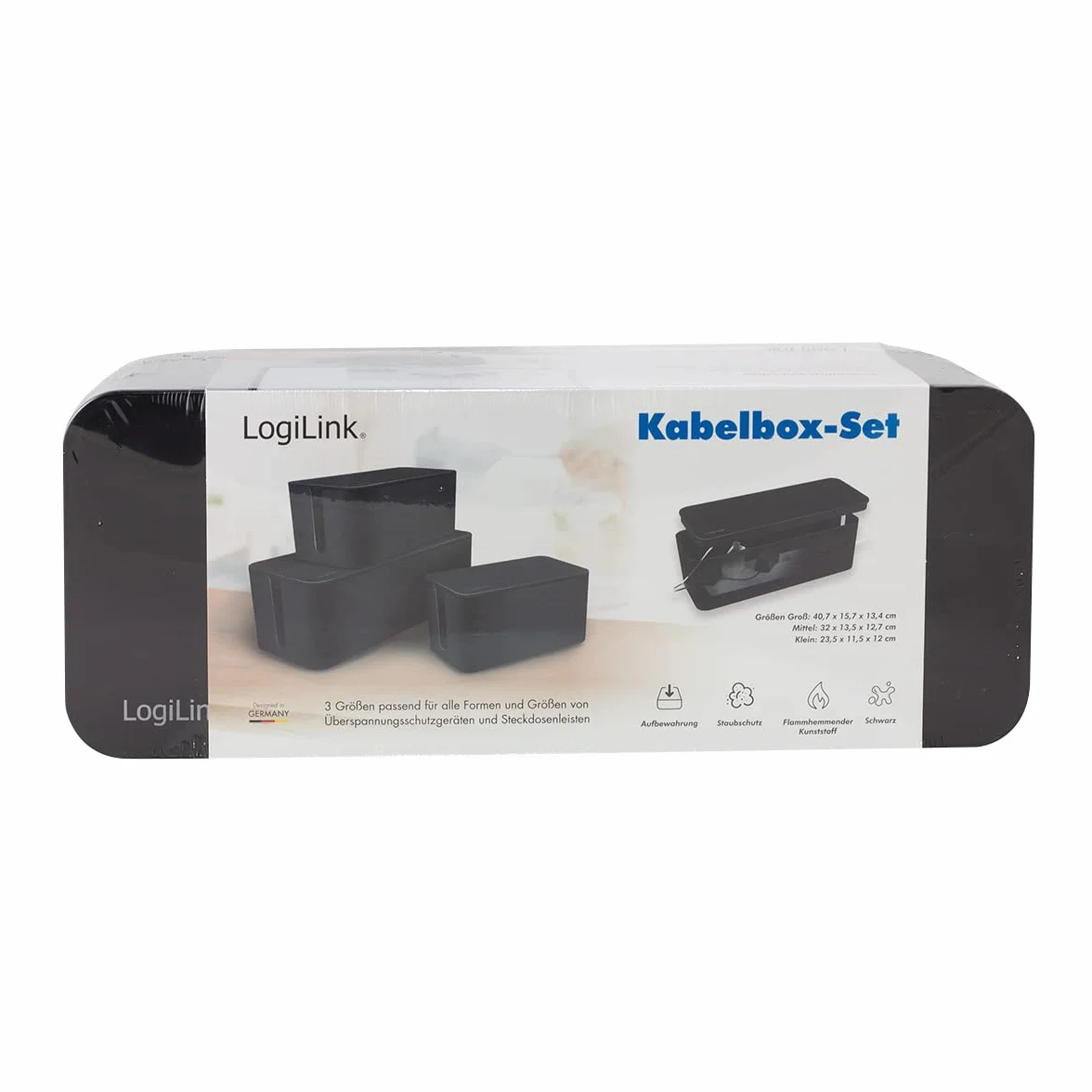 LogiLink KAB0077 - zestaw skrzynek kablowych z 3 pudełkami w 3 rozmiarach do ukrycia plątaniny kabli, kolor czarny