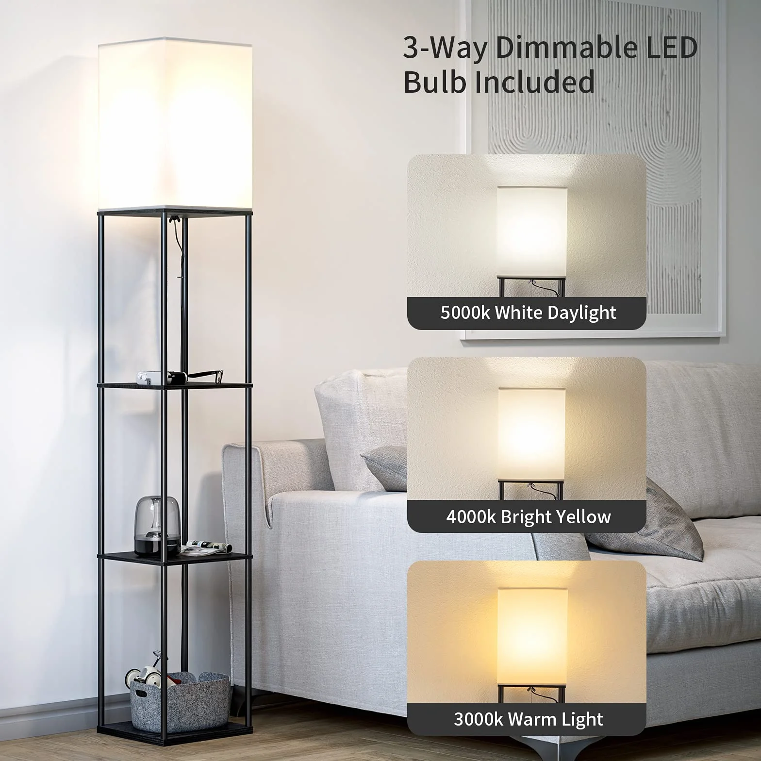 SUNMORY Lampa stojąca, 3 temperatury barwowe, z żarówką Led, dekoracja stojąca do salonu, sypialni, gabinetu, biura, czarna lampa podłogowa