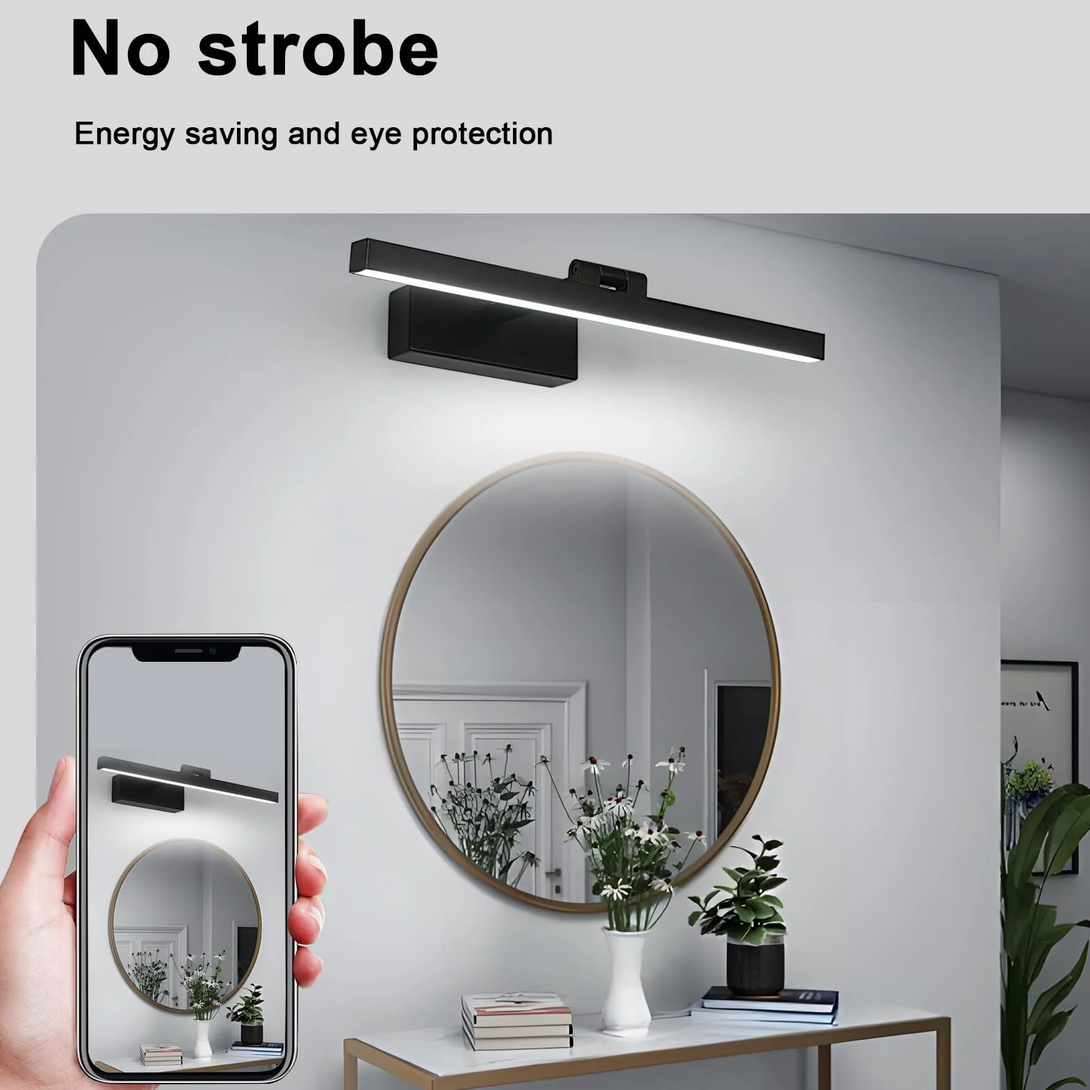 Comely Lampa Lustrzana Łazienkowa 9W 1100LM 220V, 40cm Lampa Lustrzana Kinkiet LED, Zimna Biel 6500K Oprawa Łazienkowa IP40, Czarny