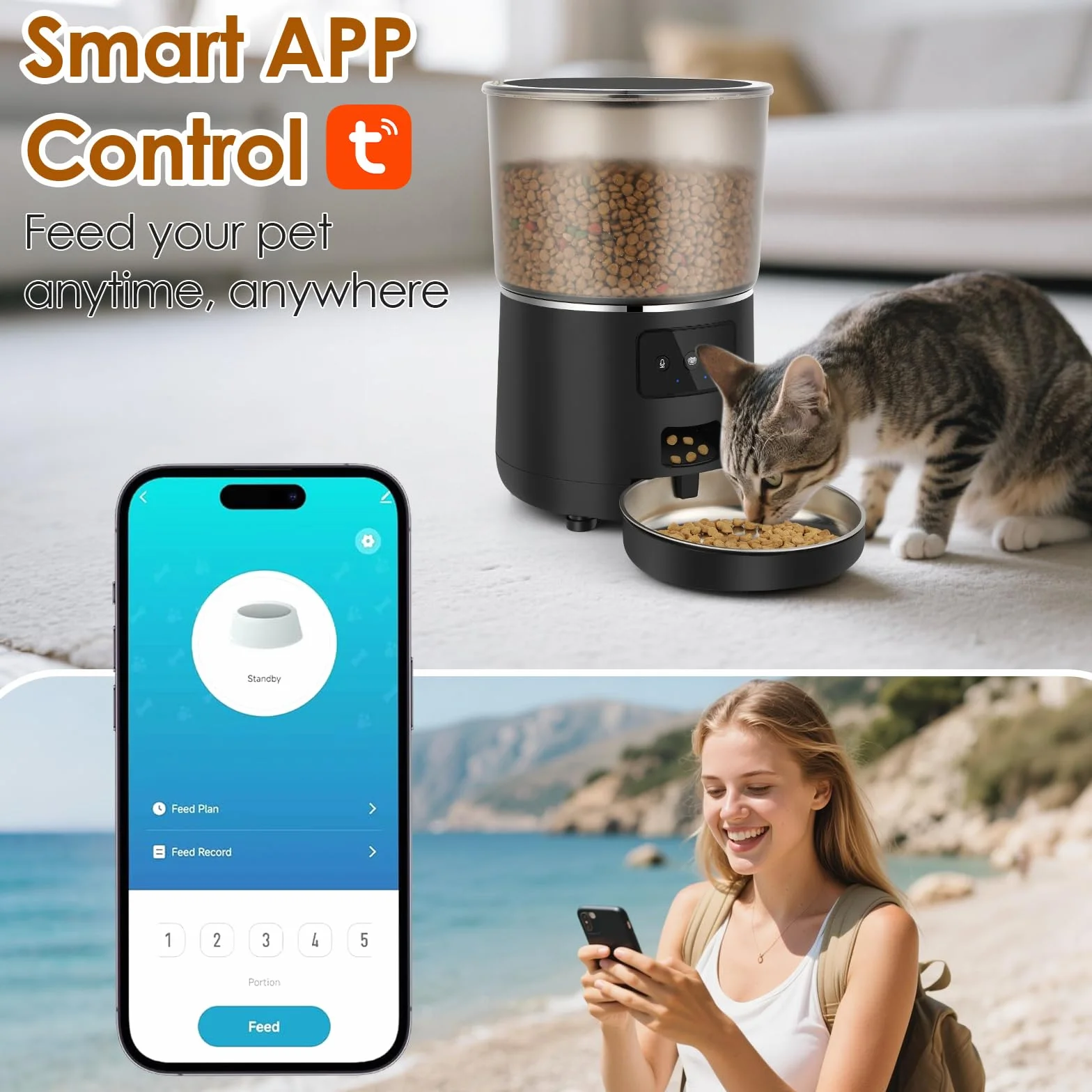 4 l WiFi, inteligentna karma dla kotów, z miską ze stali nierdzewnej, 1-10 posiłków dziennie, dozownik karmy dla kotów, sterowanie aplikacją