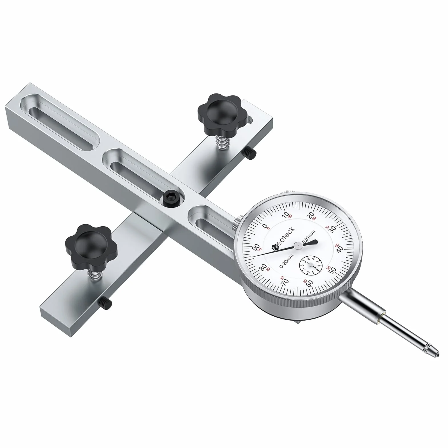 Neoteck 0-20 mm Rozdzielczość 0,01 mm Mechaniczny komparator piły stołowej z anodowanym prętem aluminiowym, mocowanie na trzech suwakach, mechaniczna tarcza wskaźnika do pił stołowych