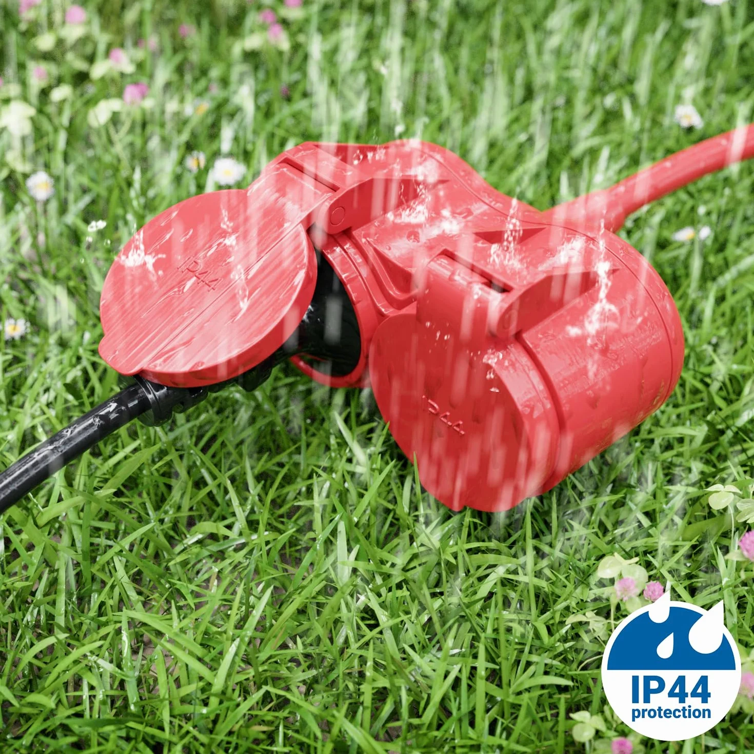 deleyCON 2m Przedłużacz Ogrodowy Kabel Zasilający IP44 (H07RN-F 3G1.5mm²) Odporne na Warunki Atmosferyczne Gumowy Kabel do Użytku na Zewnątrz - Wtyczka z Bolcem Ochronnym na 2x Gniazdo - Czerwony