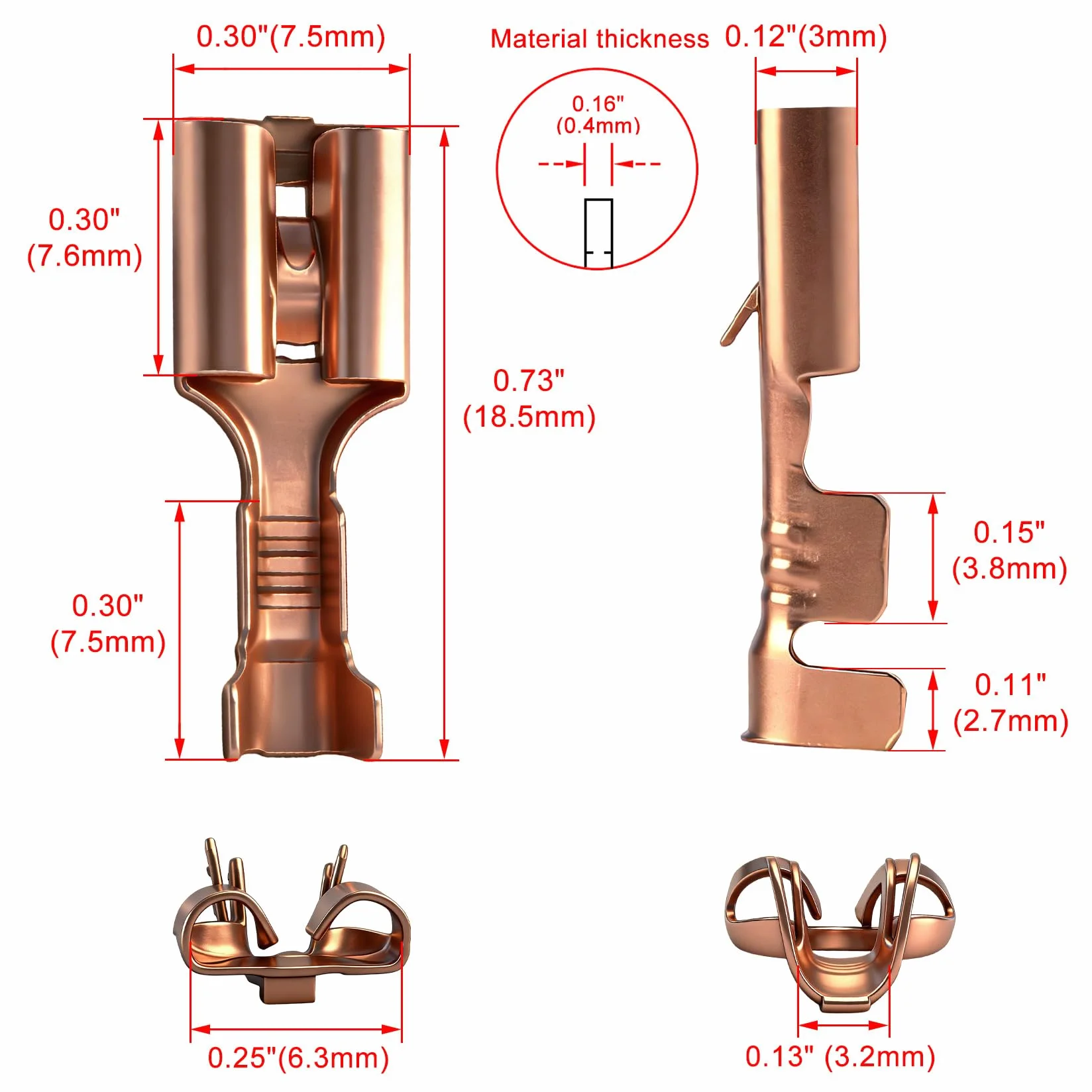 Heschen 100 szt. zacisków widełkowych, 6,3 mm, mosiądz, nieizolowane, do kabli 1-1,5 mm²