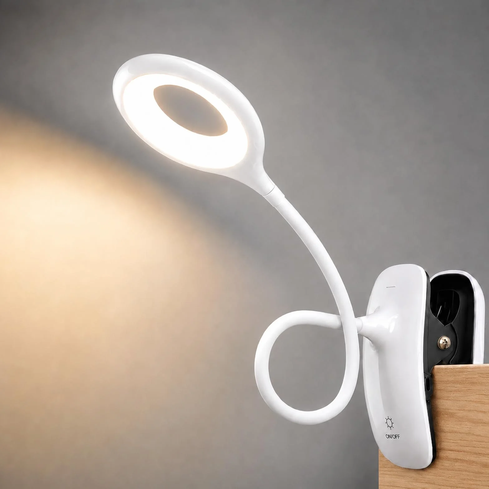 Lampka Zaciskowa do Łóżka dla Dzieci, LED Lampka do Czytania z Klipsem USB, 3 Kolory Światła, Dotykowe Ściemnianie, Lampka Nocna z Elastycznym Ramieniem do Pokoju Dziecka, Łóżka Piętrowego,biała