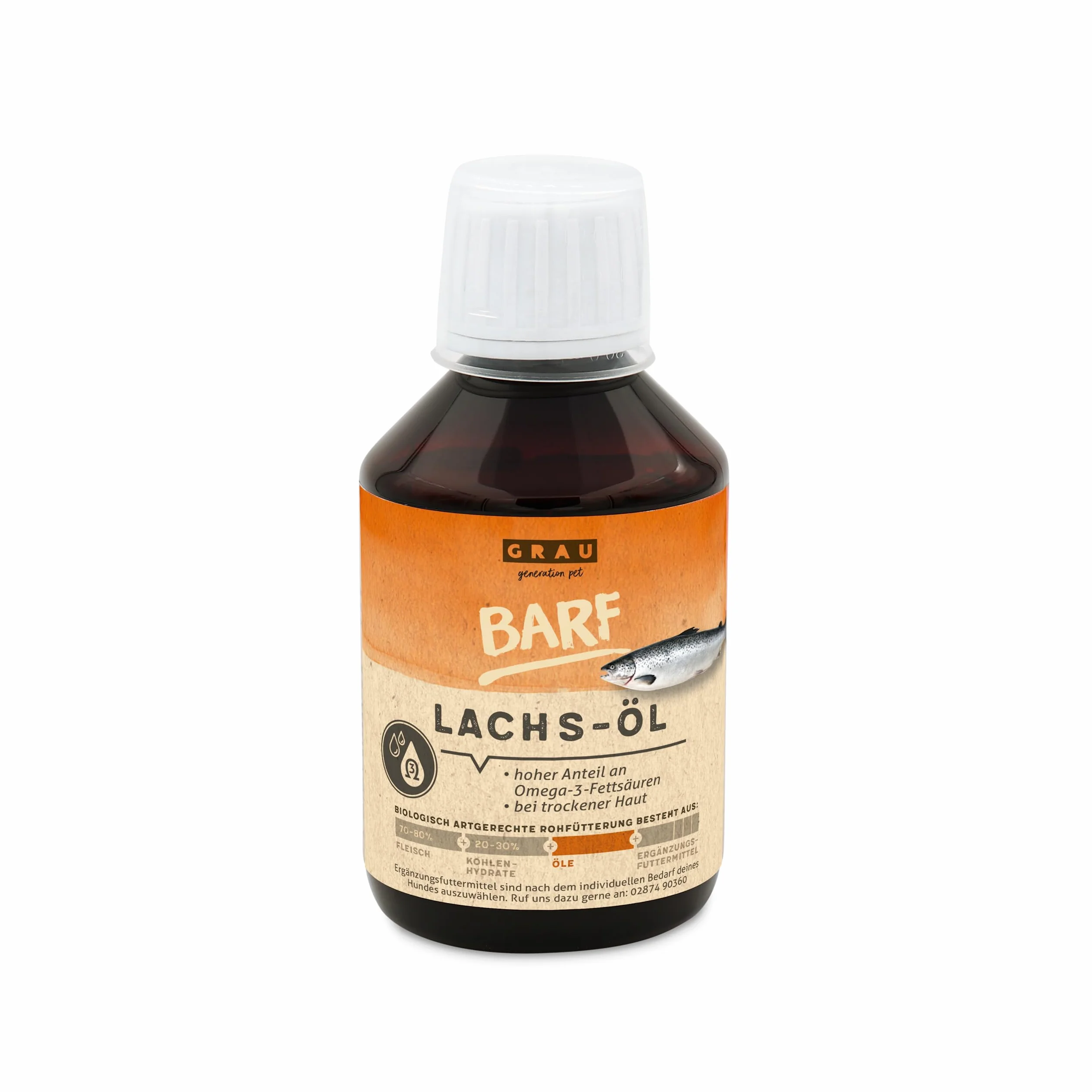 GRAU - Oryginalny olej z łososia, z ważnymi kwasami tłuszczowymi Omega 3 i Omega 6, wspiera skórę i futro, 1 opakowanie (1 x 200 ml), karma uzupełniająca dla psów i kotów