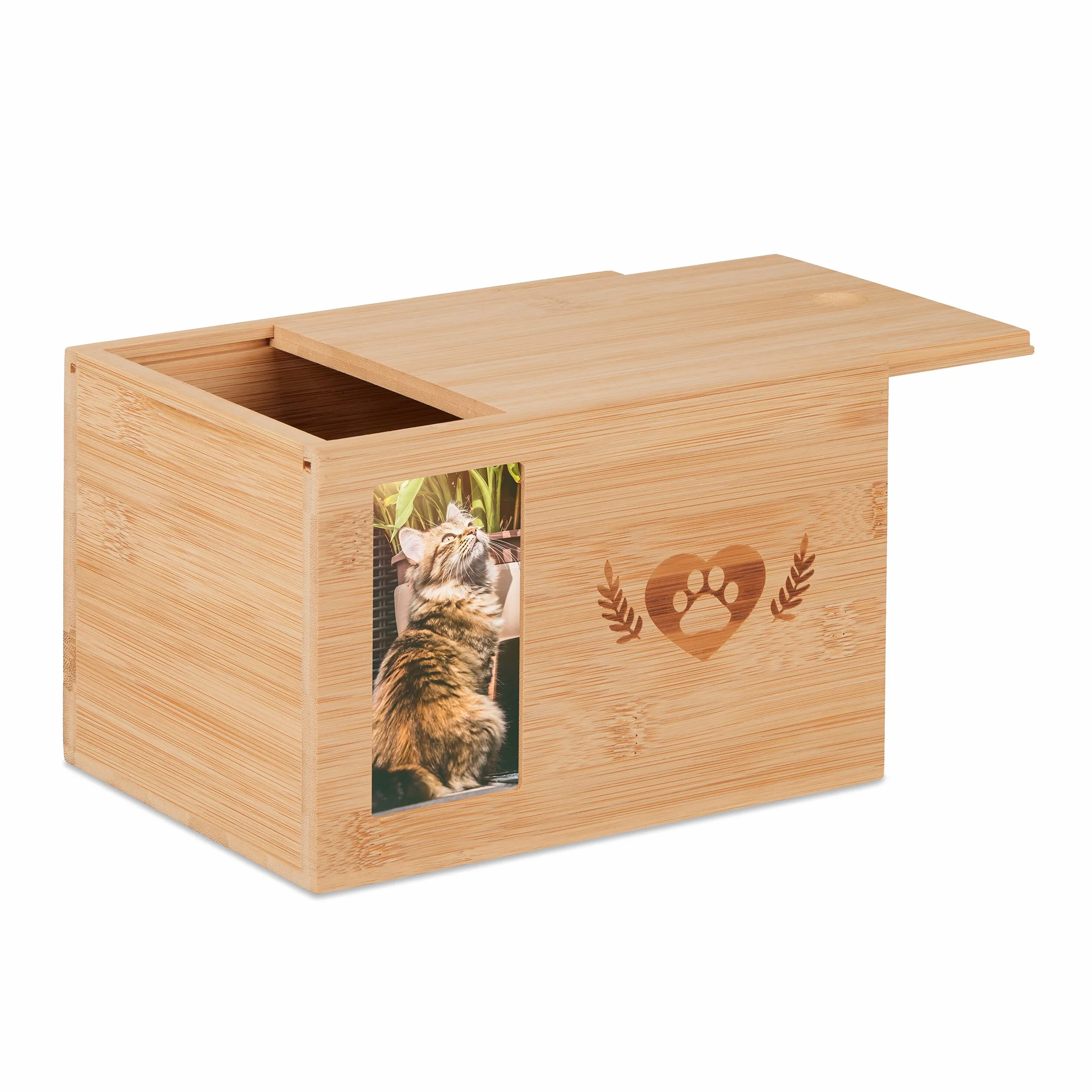 Relaxdays Urna dla zwierząt z bambusa, urna dla psów i kotów, ze zdjęciem, urna dla psa, wys. x szer. x gł.: 14,5 x 19,5 x 14,5 cm, naturalna