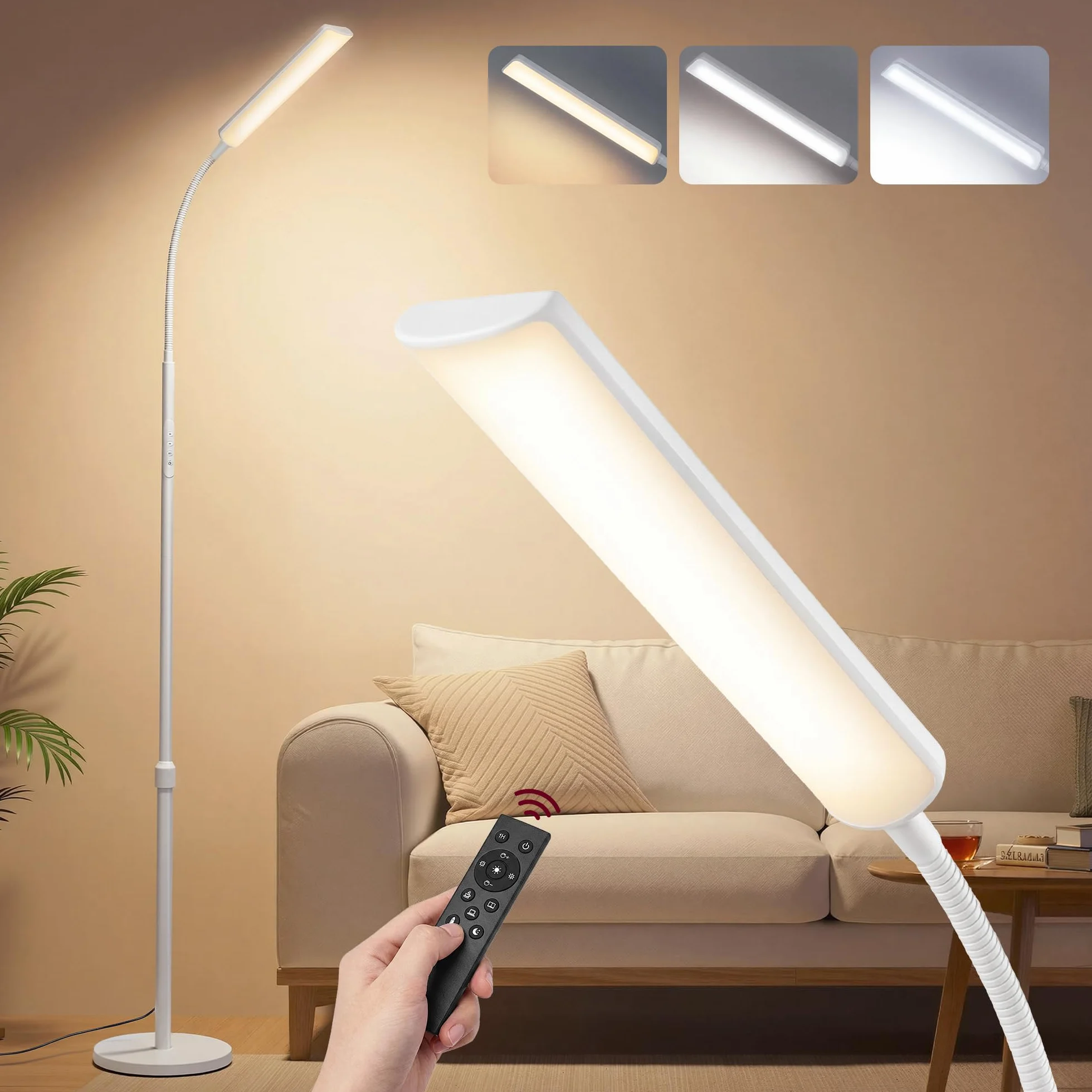 VASAGLE Lampa podłogowa, regulowana wysokość 141-175 cm, nowoczesna lampa 15 W z elastyczną głowicą 360°, timer i funkcją pamięci, przycisk i pilot, salon, matowa biel LFL007WC02
