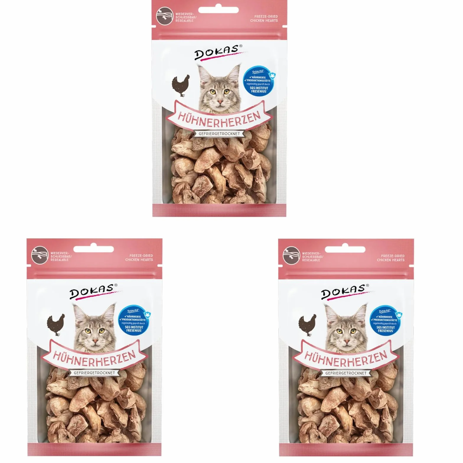 Dokas Liofilizowane serca kurczaka | 3 sztuki | 45 g | smakołyki dla kotów | dzięki liofilizacji zachowuje 100% naturalnych składników odżywczych