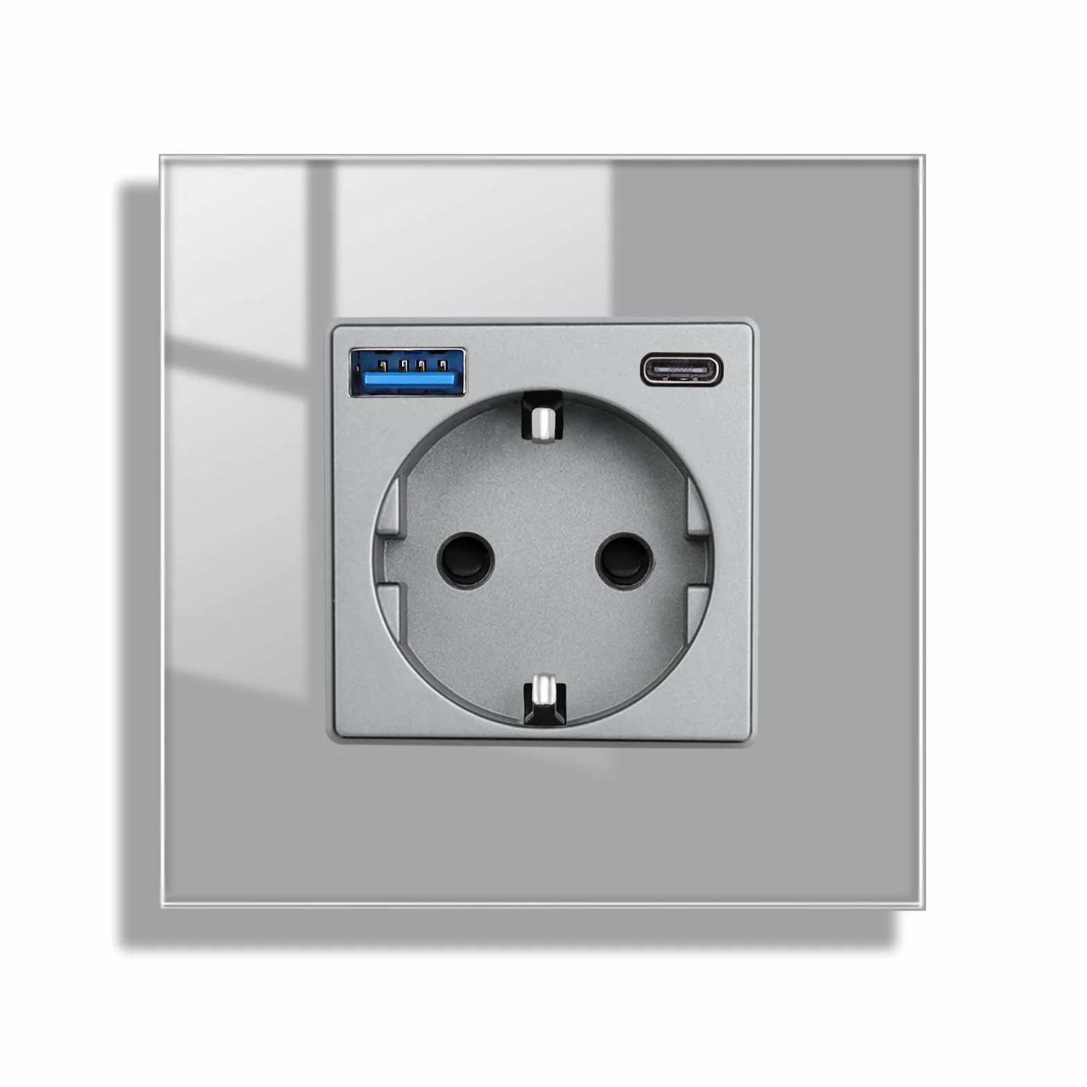 JIMEIDA Gniazdko wtykowe ze szkła z USB 20 W, szybkie ładowanie, kolor szary, podtynkowe, 1 gniazdo, 16 A, USB A i typ C, 86 x 86 mm, 250 V