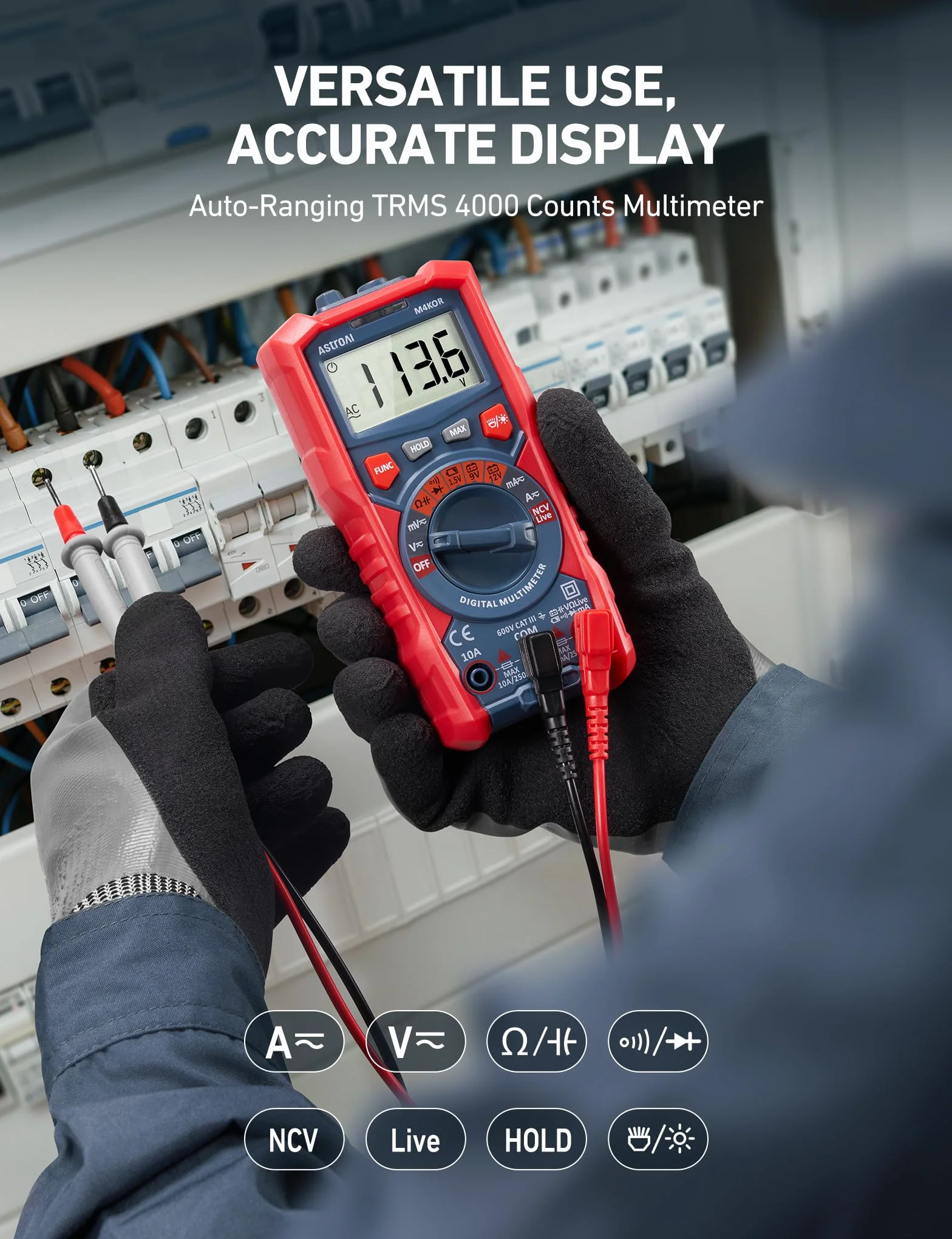 AstroAI Multimetr cyfrowy, 4000 zliczeń, miernik rzeczywistej wartości skutecznej, automatyczny zakres woltomierza 1,5 V / 9 V / 12 V, tester napięcia akumulatora, pomiar napięcia rezystancji diody, woltomierz ciągłości obwodu elektronicznego z funkcją be