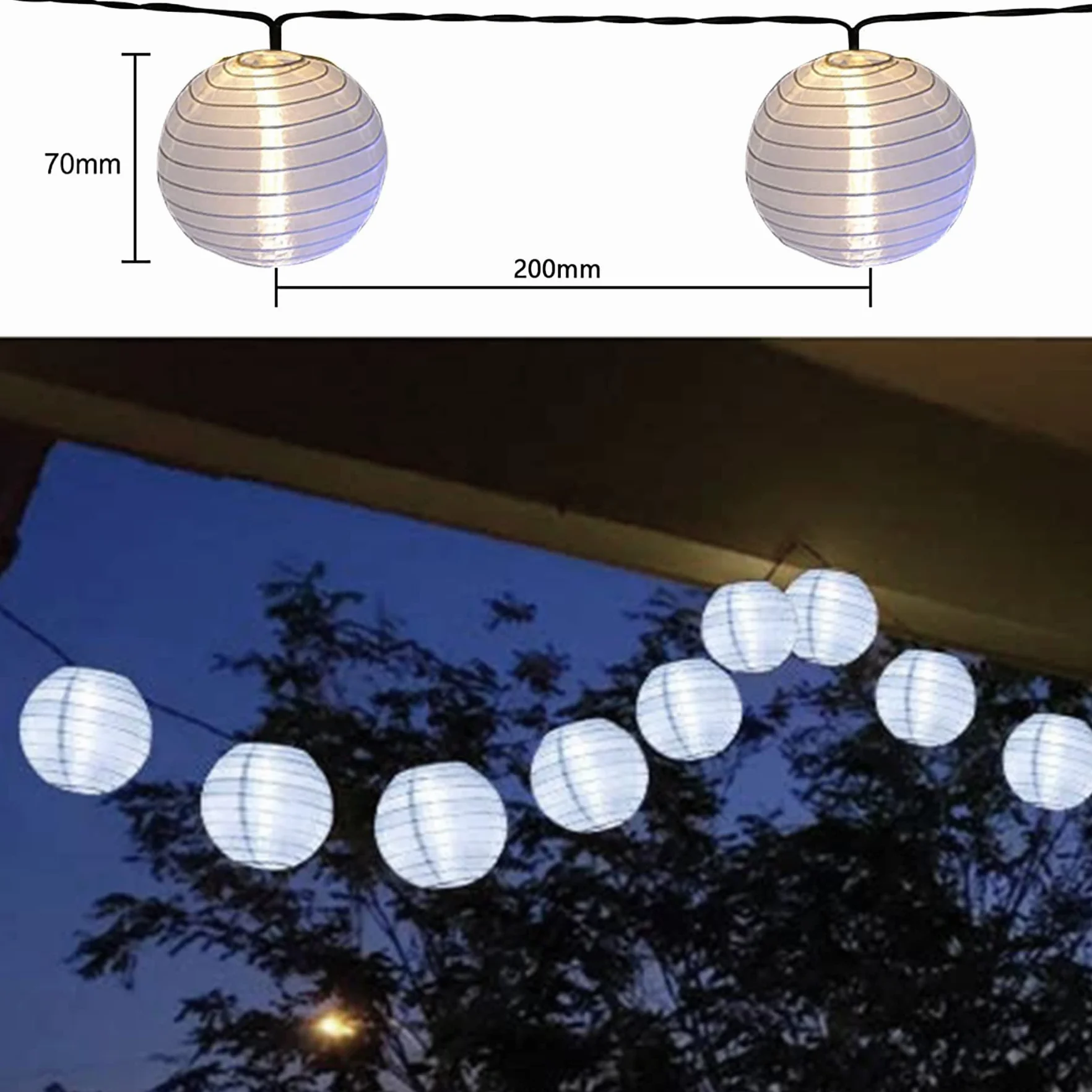 Lezonic Solarny łańcuch świetlny do użytku na zewnątrz z lampionami, 8 m, 30 diod LED latarni, 8 trybów, wodoszczelny, solarny łańcuch świetlny, biały, do dekoracji balkonu, ogrodu, podwórza, wesela
