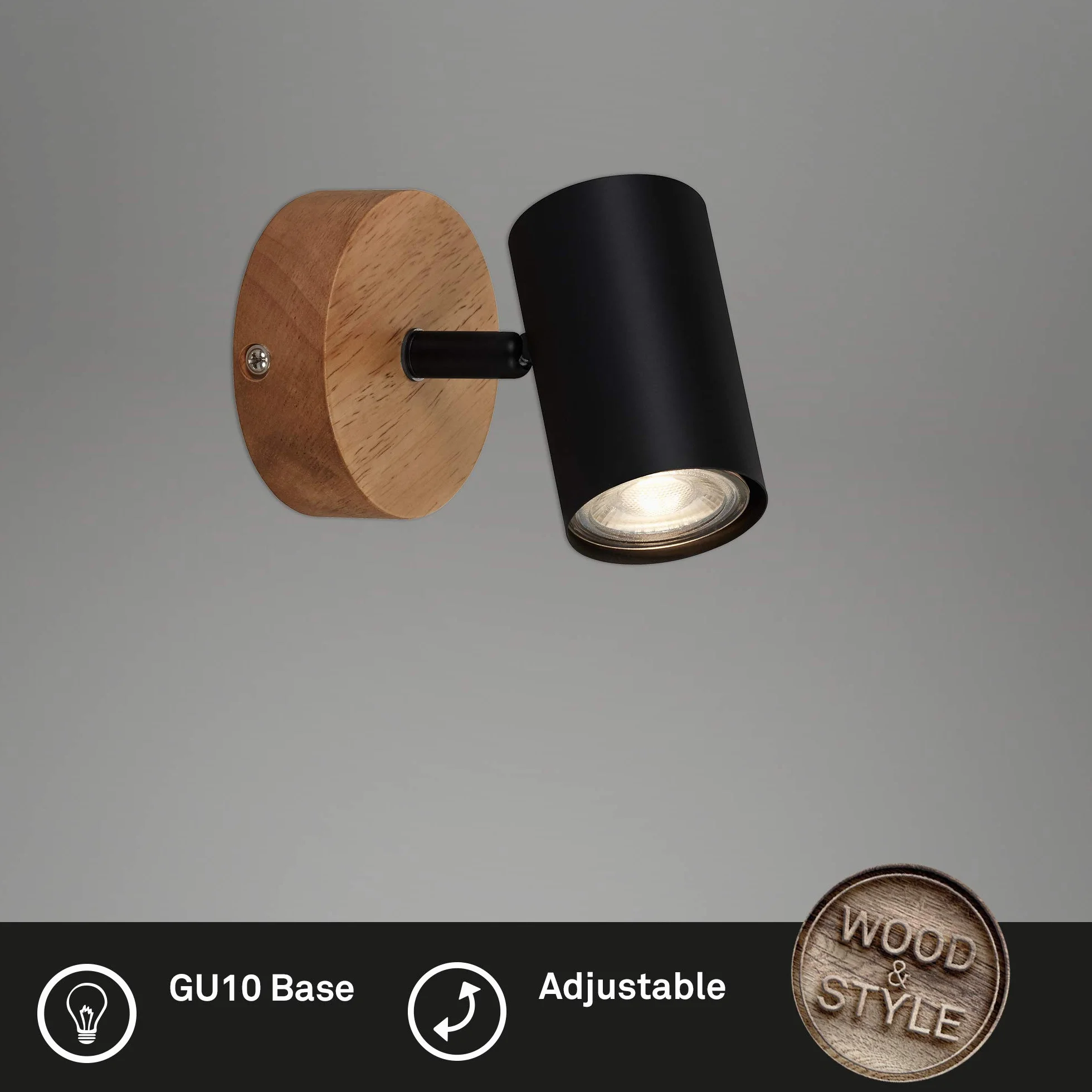 Briloner Leuchten – lampa punktowa, lampa ścienna, kinkiet retro, vintage, reflektor punktowy obrotowy i wychylny, 1 x GU10, metal drewno, czarny, 90 x 120 mm (DxA), 2920-015