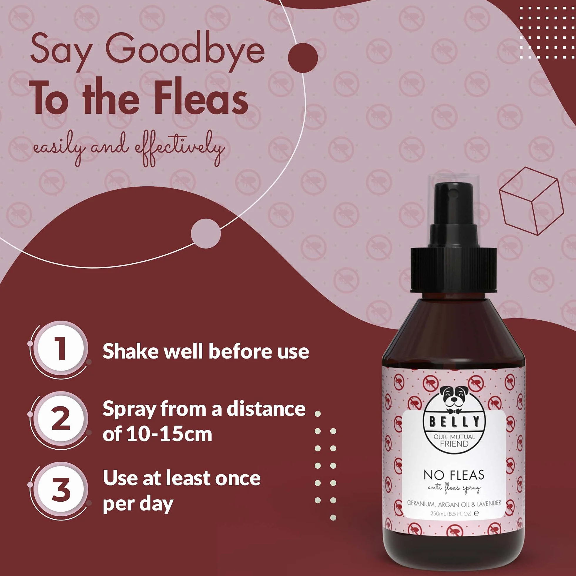 Belly Spray przeciw pchłom, 250 ml, bez plam i pozostałości, domowy spray przeciw pchłom z lawendą, geranium, olejem arganowym, chroni pchły, kleszcze i komary - Wegański - Wyprodukowano w Niemczech
