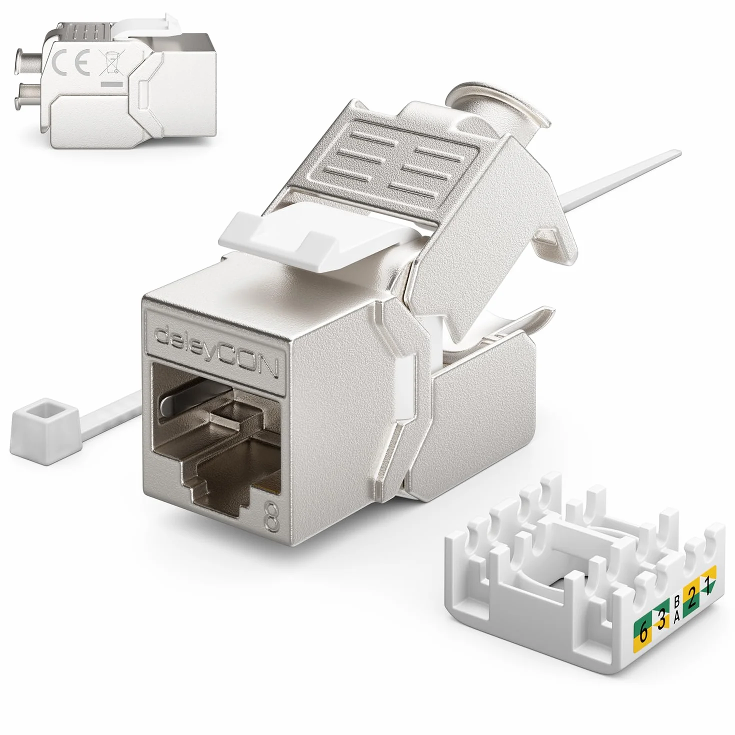 deleyCON 1x Gniazdko Sieciowe CAT8 Podtynkowe z Modułem RJ45 Keystone - 40 Gbps, STP Ekranowane - do Patchcordów, Kabli Sieciowych, Przewodów Instalacyjnych Ethernet - Gigabit LAN - Białe