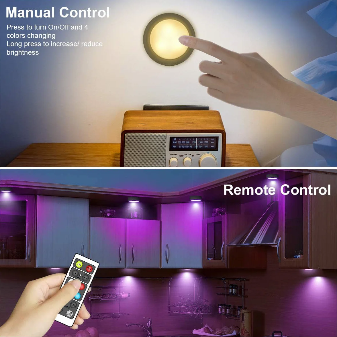 Światła krążkowe RGB, oświetlenie podszafkowe, bezprzewodowe światła LED, zasilane bateryjnie, oświetlenie podszafkowe, ściemniane, RGB lampka nocna z pilotem zdalnego sterowania, do szafki