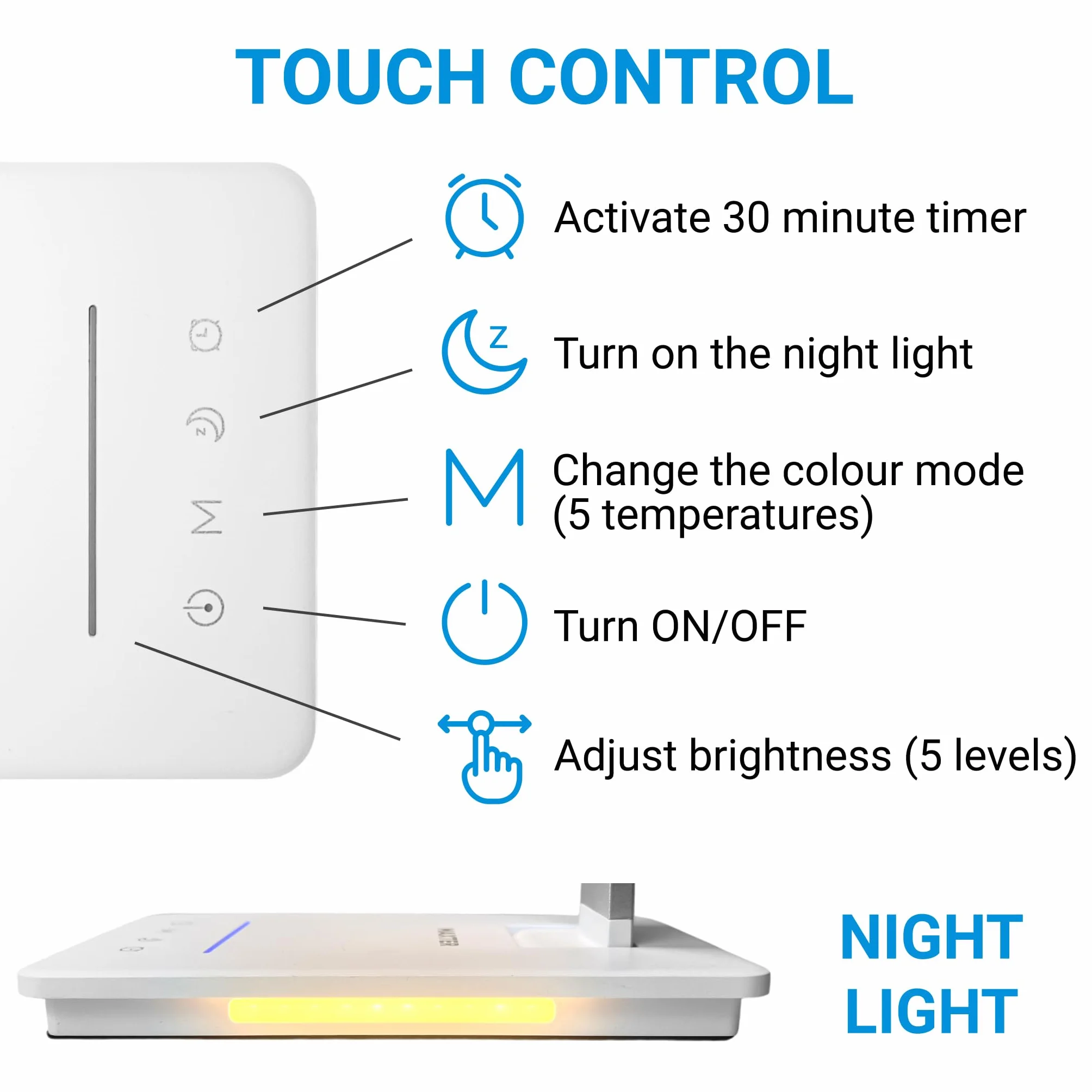 Maxter Potężna lampa biurkowa LED - akumulatorowa lampka nocna do czytania (6 W, 550 lumenów, port USB, 5 poziomów jasności i 5 kolorów, timer 30 min, tryb odtwarzania)