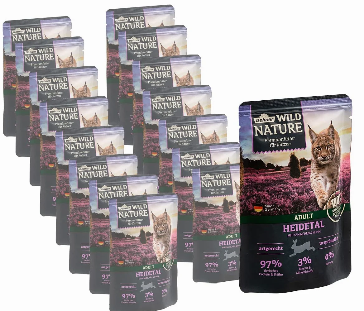 Dehner Wild Nature karma dla kotów dla dorosłych, królik/kurczak, 16 x 85 g (1,36 kg)