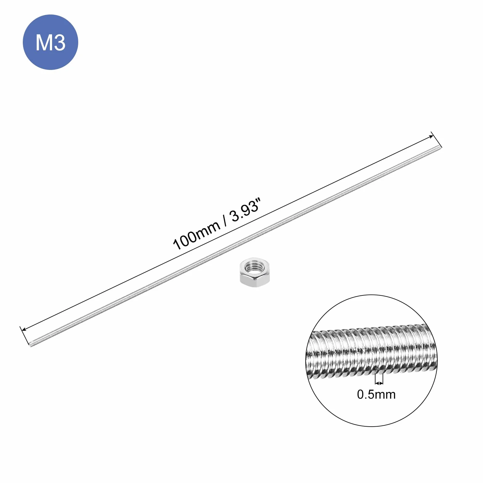 QUARKZMAN Zestaw 5 prętów gwintowanych M3 x 100 mm, 10 sztuk nakrętek sześciokątnych, skok gwintu 1,25 mm, stal nierdzewna 304, gwint prawy, trzpień prętowy