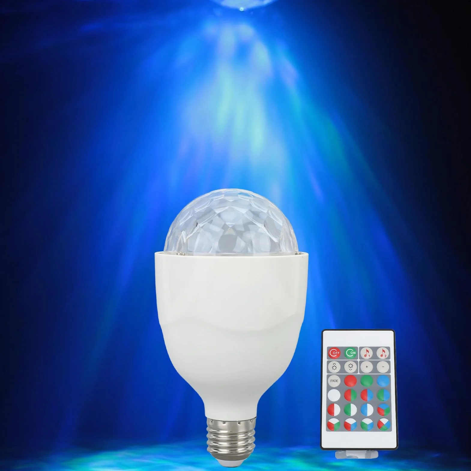 Lampa Kulowa Dyskotekowa RGB Obrotowa LED E27 z Pilotem, Aktywowana Dźwiękiem Stroboskop