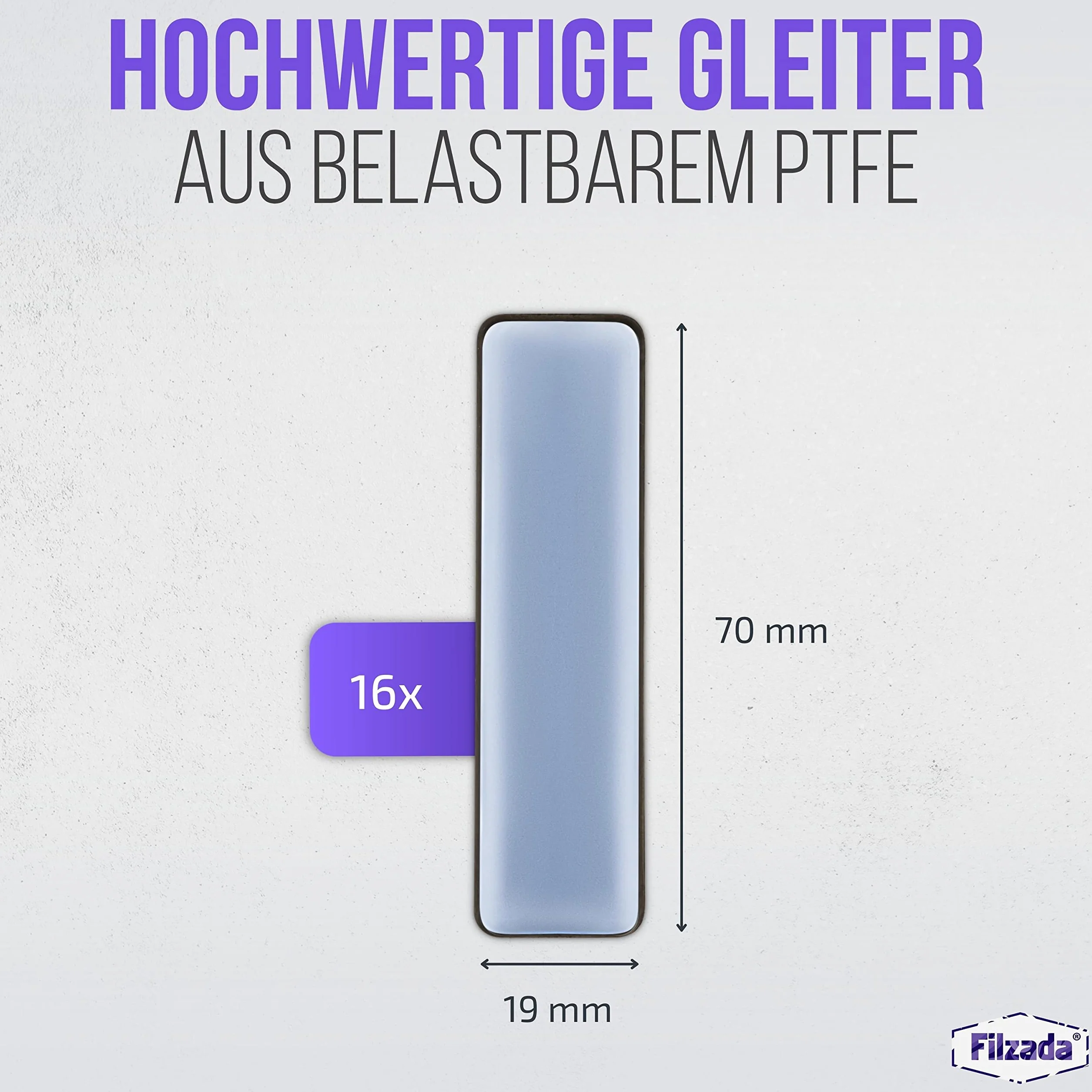 Filzada® 16x Ślizgacze teflonowe samoprzylepne - 70 x 19 mm (kątowe) - profesjonalne ślizgacze meblowe/ślizgacze dywanowe PTFE (teflon)