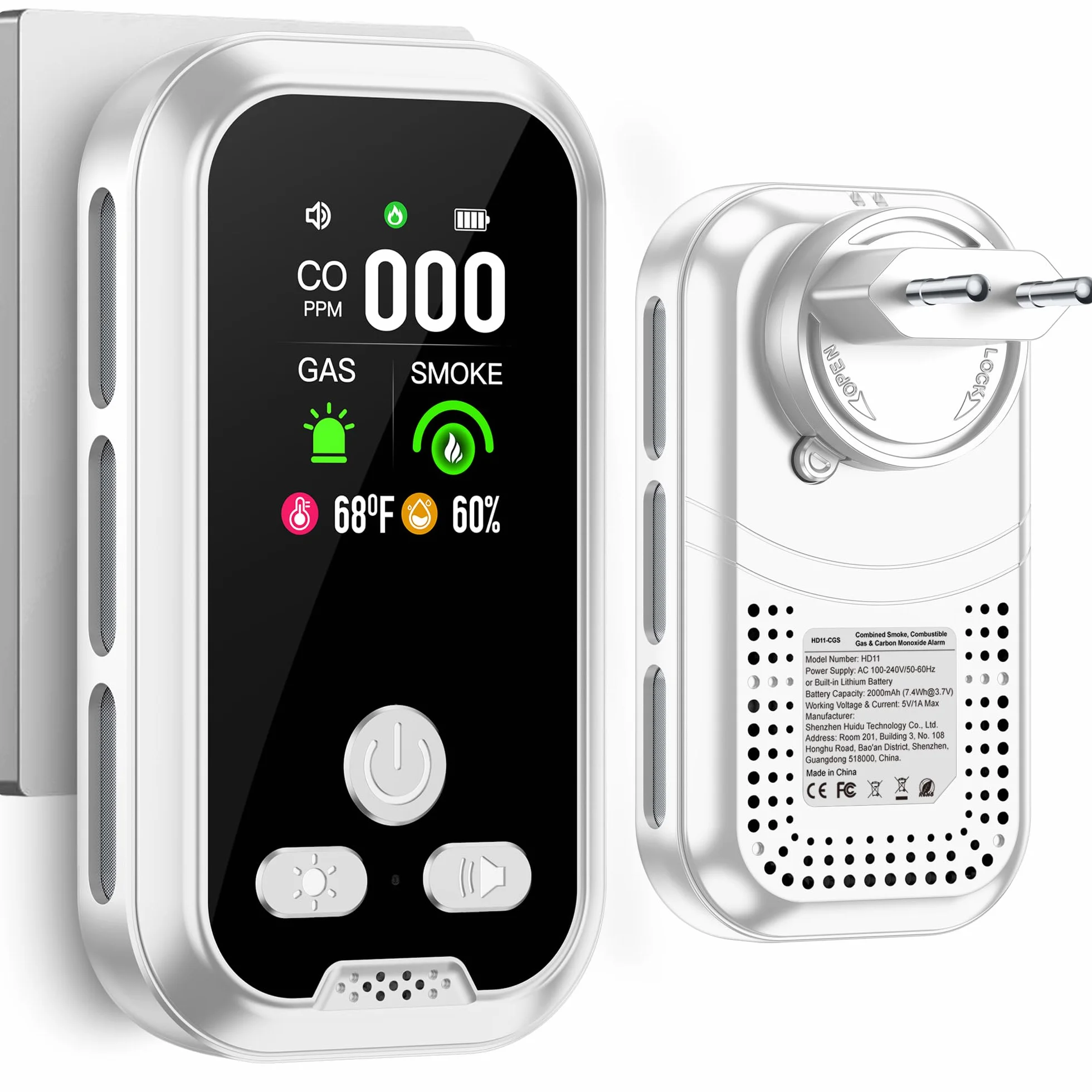 Czujnik dymu Gedsffati Plug in 5w1 Wykrywacz tlenku węgla Kombinacja detektora gazu, z akumulatorem 2000mAh, ekran HD 2.1'' [CO Monitor temp wilgotności gazu dymu] Plug&Play dla domowego, biały