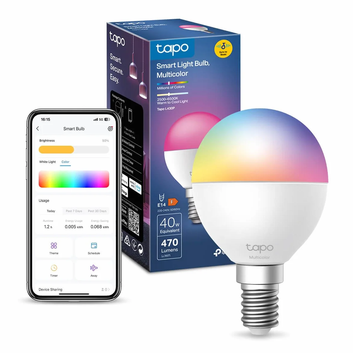 Tapo L430P Smart P45 żarówka Wi-Fi, gniazdo E14, 470 lumenów, 16 mln kolorów, możliwość ściemniania, harmonogram i timer, monitorowanie energii, kompatybilna z Alexa, Google Assistant i Samsung