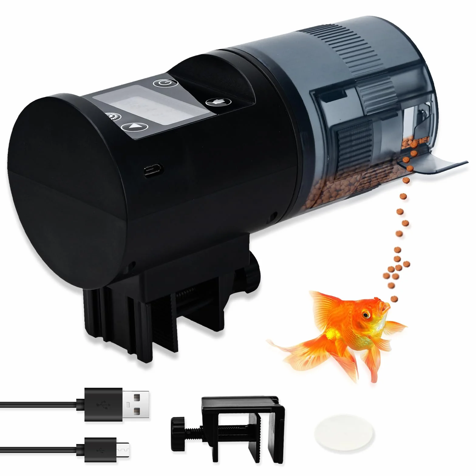 Podazz Automatyczny karmnik do akwarium, dozownik karmy dla ryb – ładowany przez USB, 200 ml, duża pojemność, do akwarium, wskaźnik czasu karmienia, odporny na wilgoć na urlop
