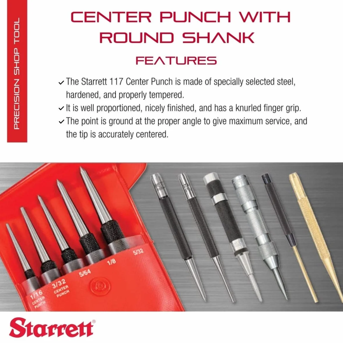 Starrett 117A dziurkacz centralny z okrągłym uchwytem, długość 10 cm, średnica stożkowa 5/64 cala