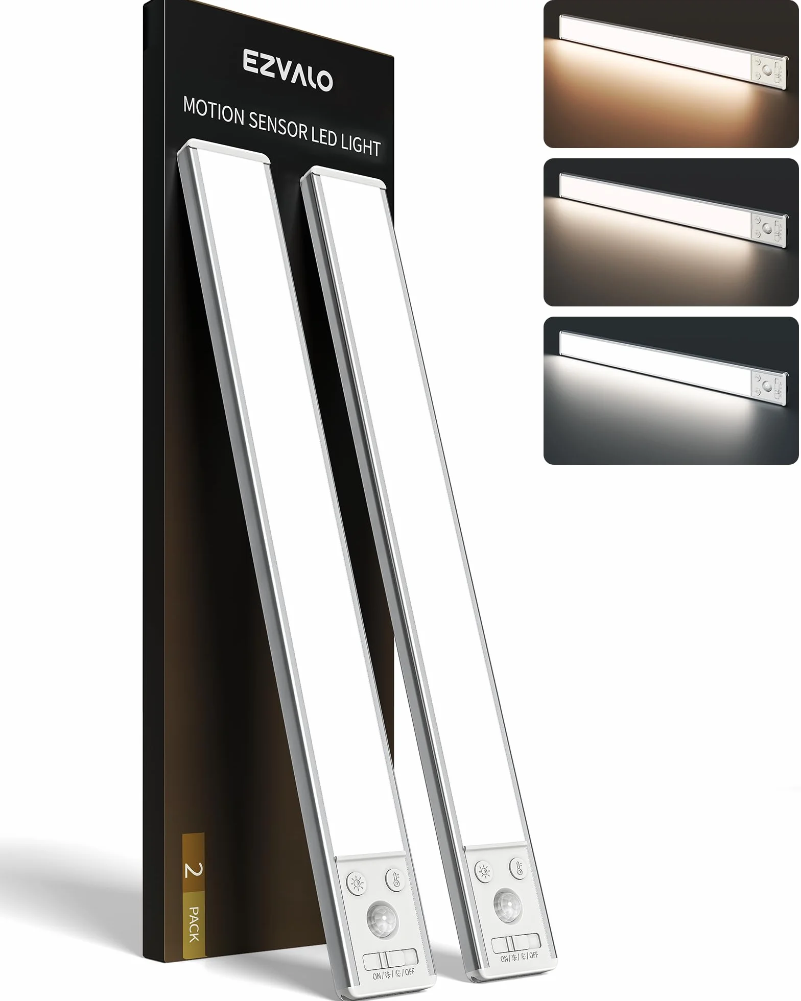 EZVALO Oświetlenie szafki LED, 37 cm, 134 diody LED, bezprzewodowe, z czujnikiem ruchu, 3200 mAh, ładowane, 3 tryby kolorów, możliwość ściemniania, oświetlenie szafy, kuchni, srebrny (2 sztuki)