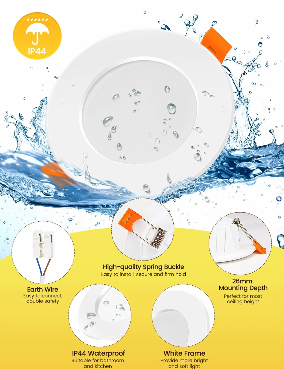 Reflektor LED do zabudowy 230 V, 6 W, płaski reflektor sufitowy, IP44, neutralna biel 4000 K, 600 lm, 68-80 mm Ø do zabudowy, do łazienki, kuchni, salonu, korytarza, zestaw 6 sztuk