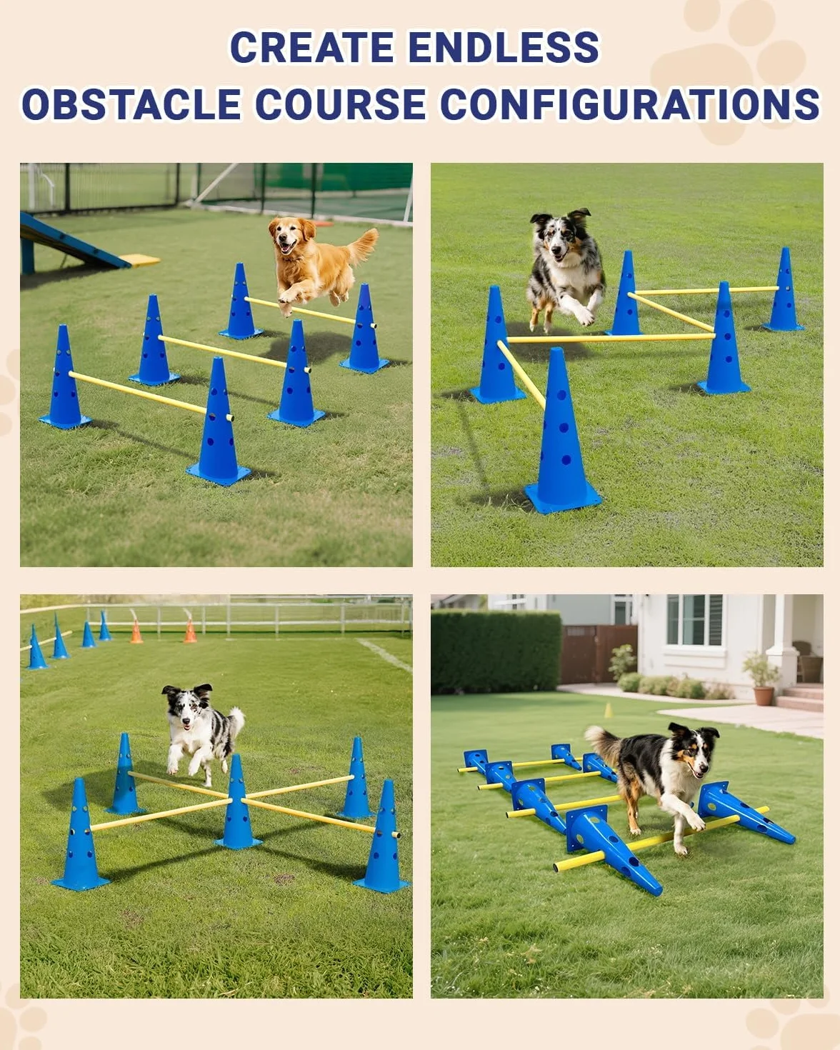 Agility zestaw małych psów Cavaletti dla psa, akcesoria hobby, akcesoria treningowe do piłki nożnej, pomoc edukacyjna - wysokość 23 cm, 10 stożków, 5 drążków, worek siatkowy