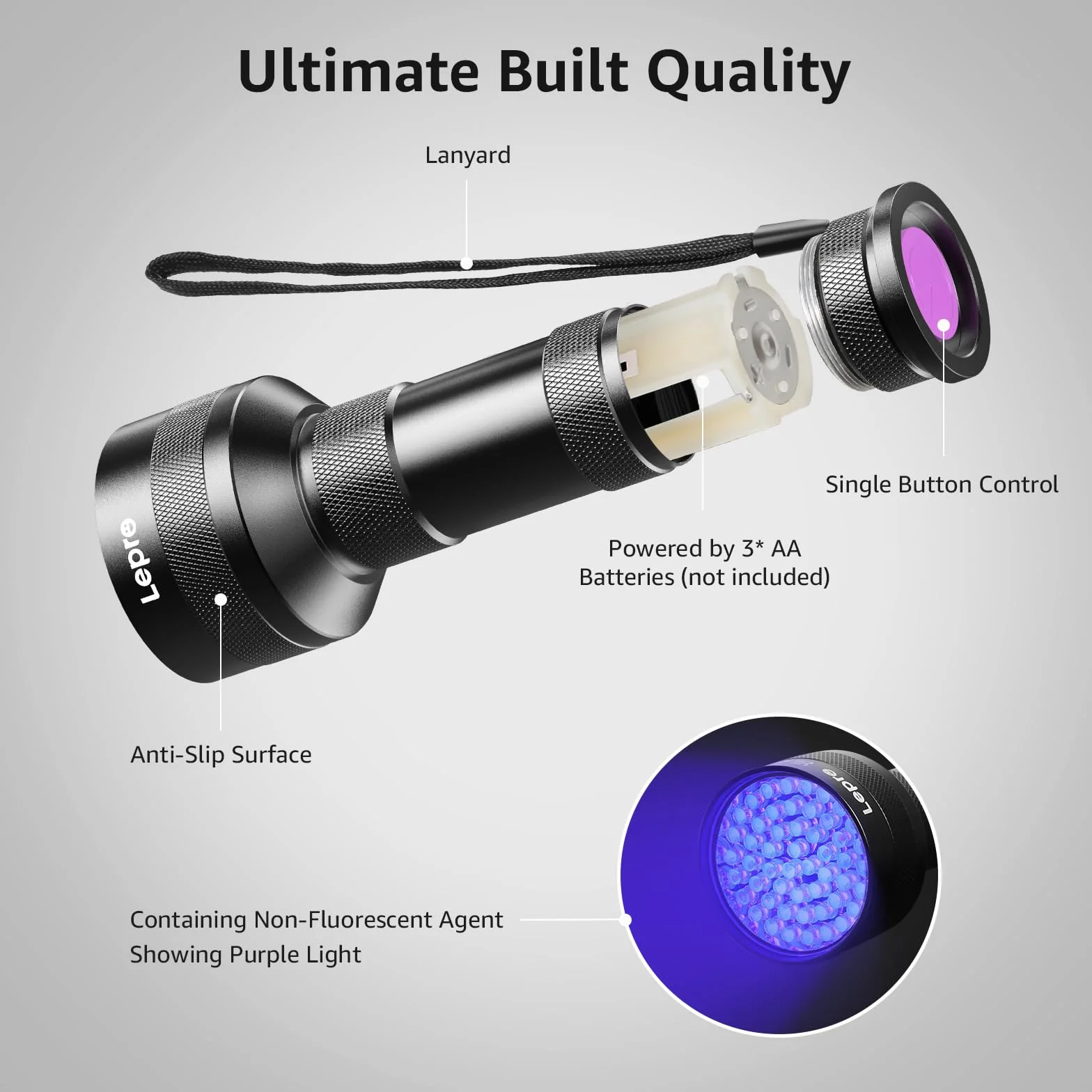 Lepro Latarka UV 51 LED 395 nm, Wykrywacz Czarnego Światła do Moczu Zwierząt
