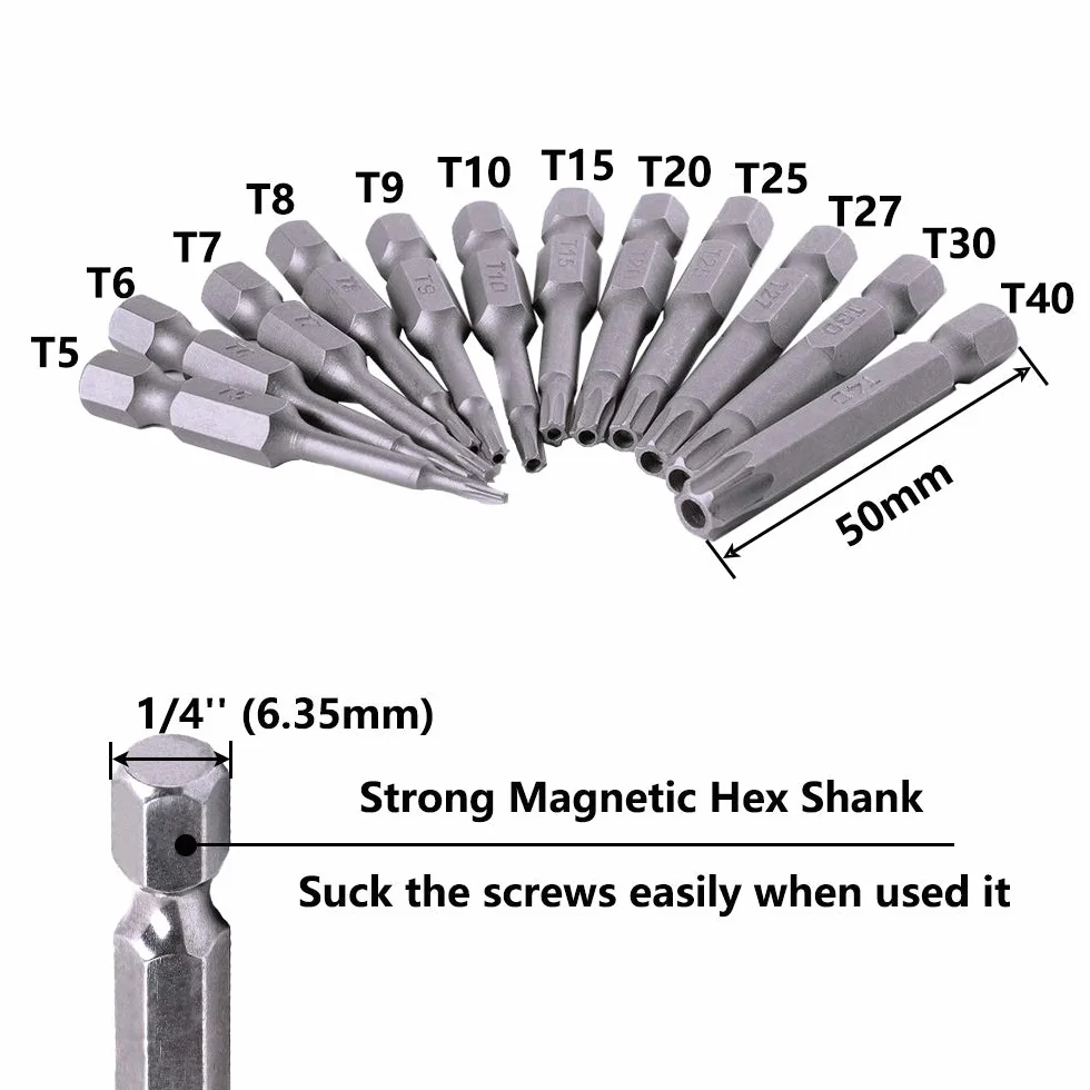 Zestaw 12 bitów Torx T5-T40 magnetycznych wkrętaków ze stali S2 1/4 cala (50 mm długości)