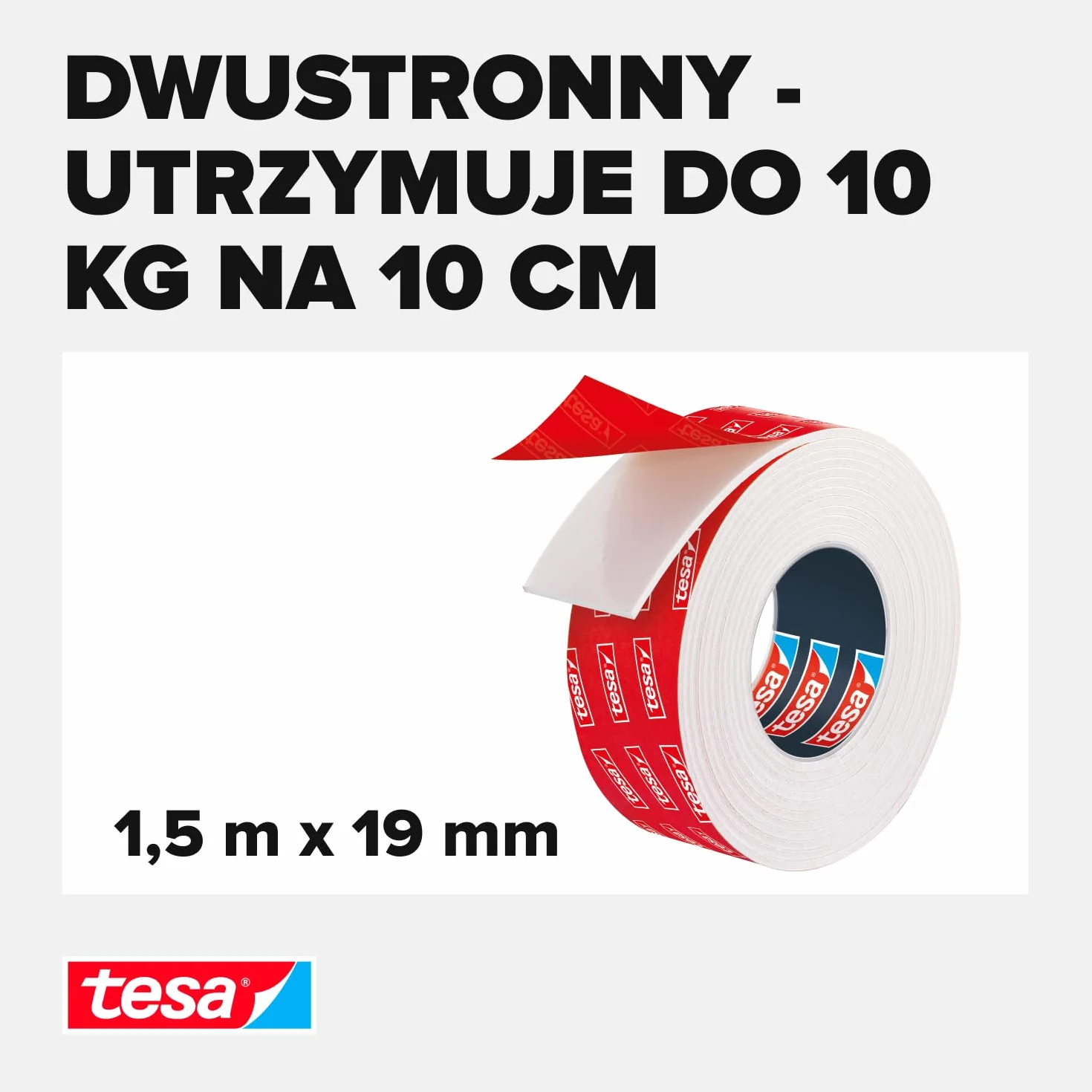 tesa Powerbond taśma montażowa do płytek i metalu, bardzo mocna, do 100 kg siły trzymania na metr – dwustronna taśma klejąca do gładkich powierzchni – 1,5 m x 19 mm