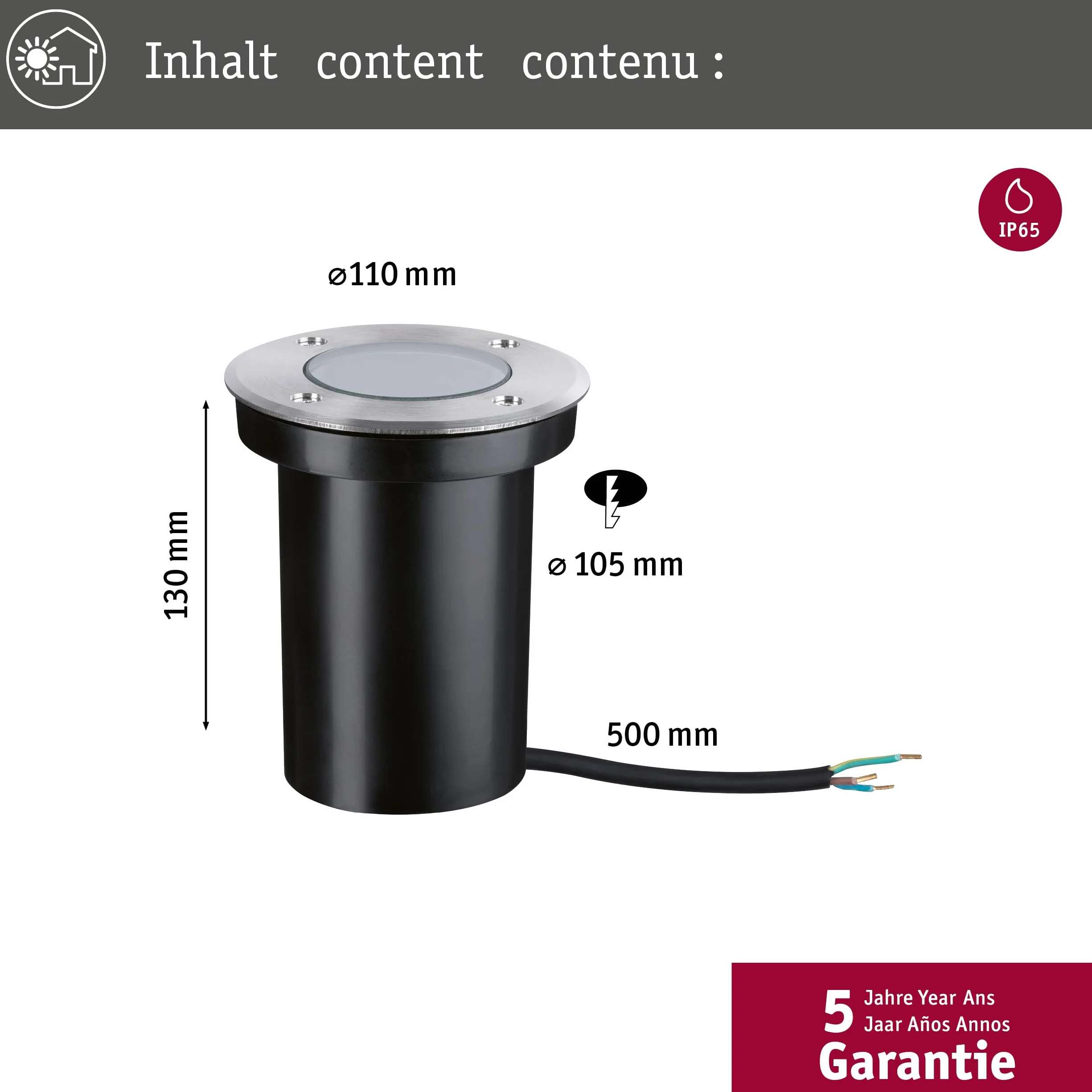 Paulmann 94732 oprawa zewnętrzna LED oprawa dogruntowa złote światło przyjazne owadom IP65 okr. 110mm 2200K 4,3W 320lm 230V stal szlach. tw. szt. GU10