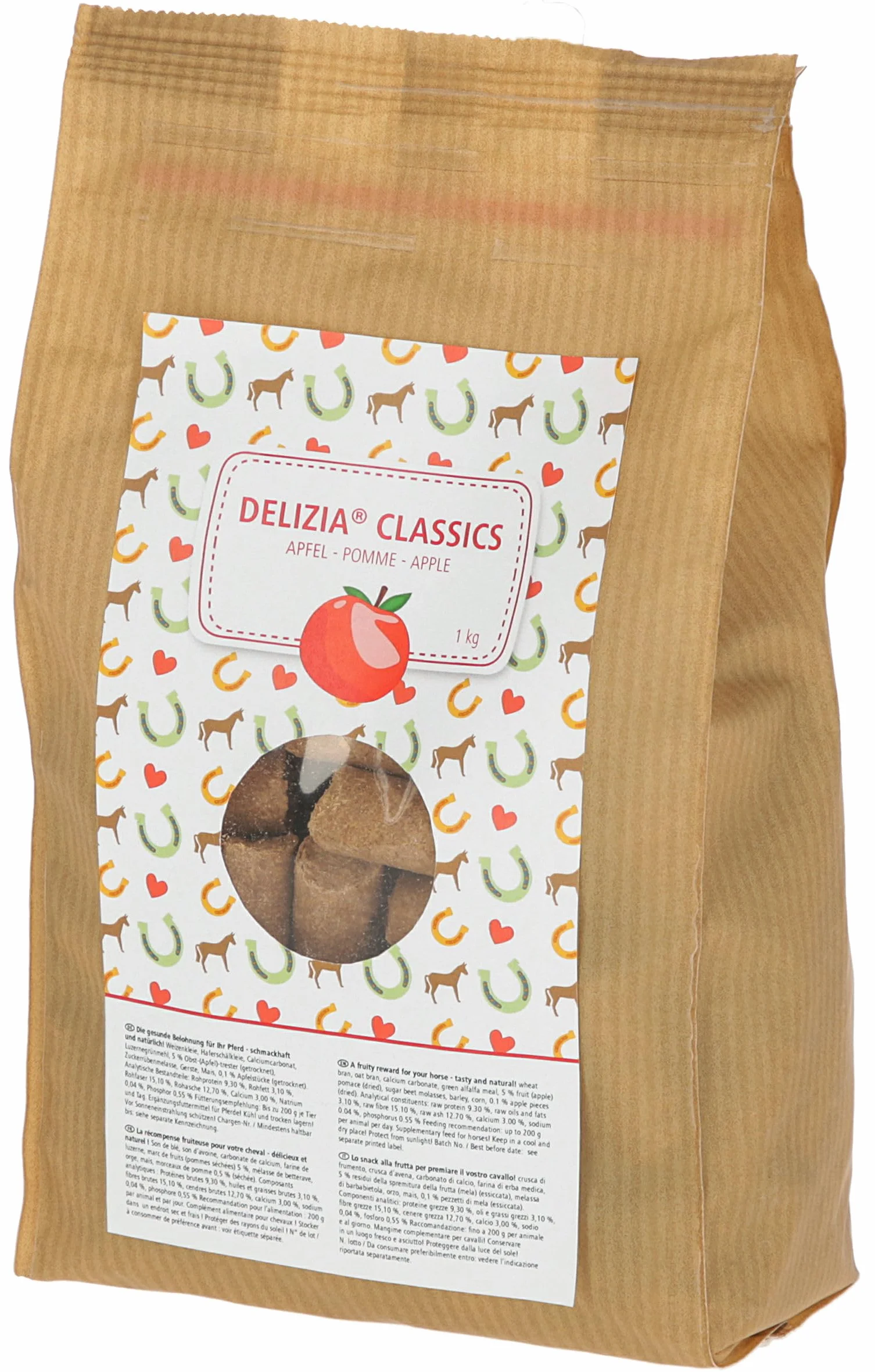 Kerbl Delizia Classic 325007 kostka nagród (dla koni, worek 1 kg, smak jabłka, z naturalną zawartością minerałów, przekąska dla koni)