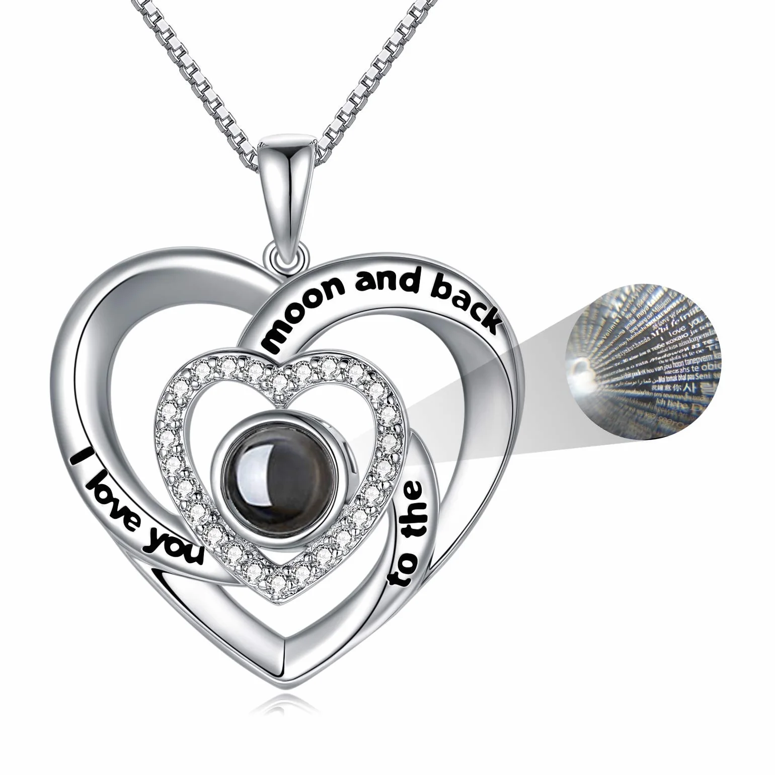 LONAGO Naszyjnik 'I Love You' 100 języków, srebro wysokiej próby 925, projekcja miłości, naszyjnik dla kobiet, mamy, 22mm*23mm, Srebro szterlingowe, Cyrkonia sześcienna