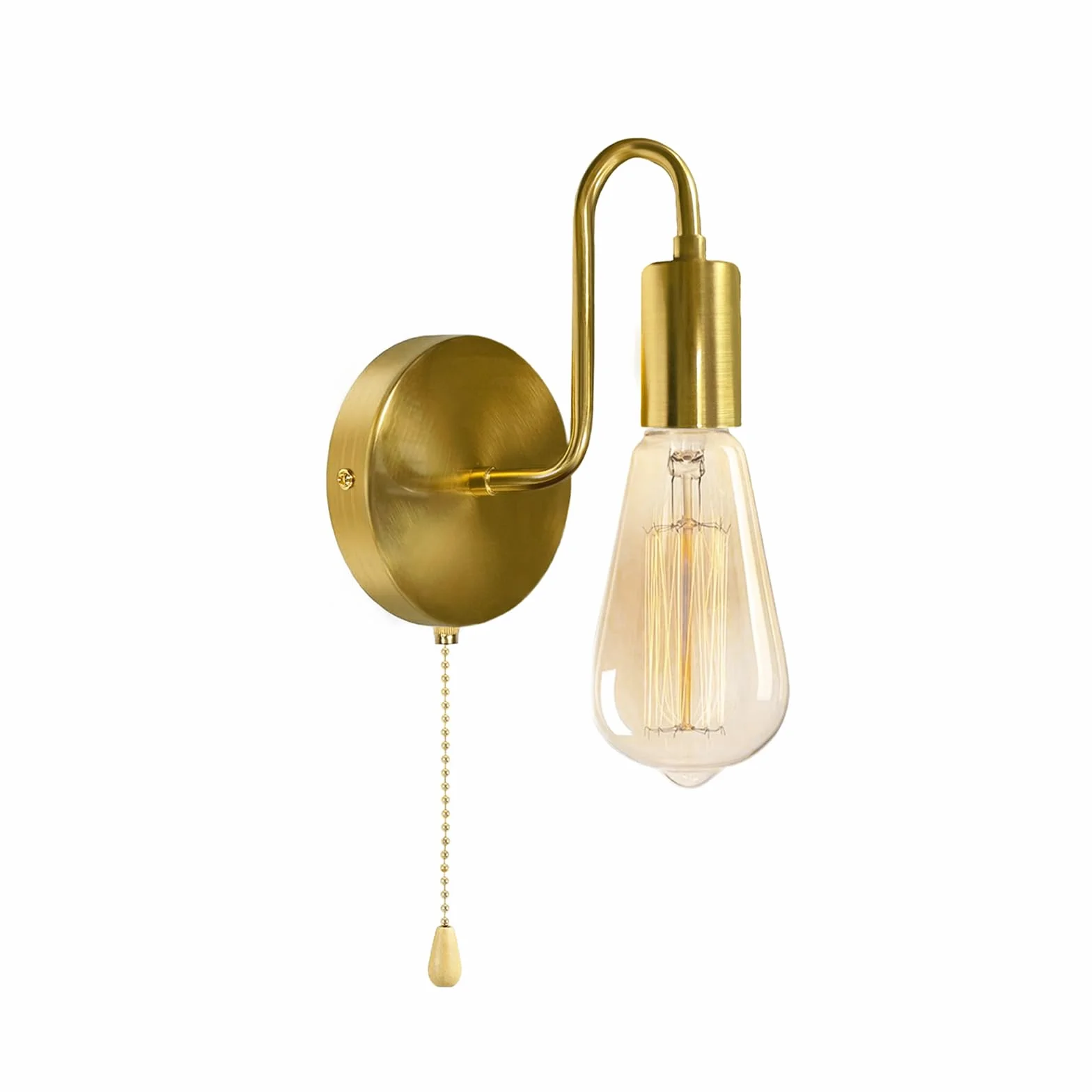 Złota lampa ścienna z przełącznikiem wewnętrznym, E27, metalowa lampa ścienna z przełącznikiem pociągowym, lampa w stylu vintage, z przełącznikiem, do korytarza, salonu, sypialni (bez żarówki)