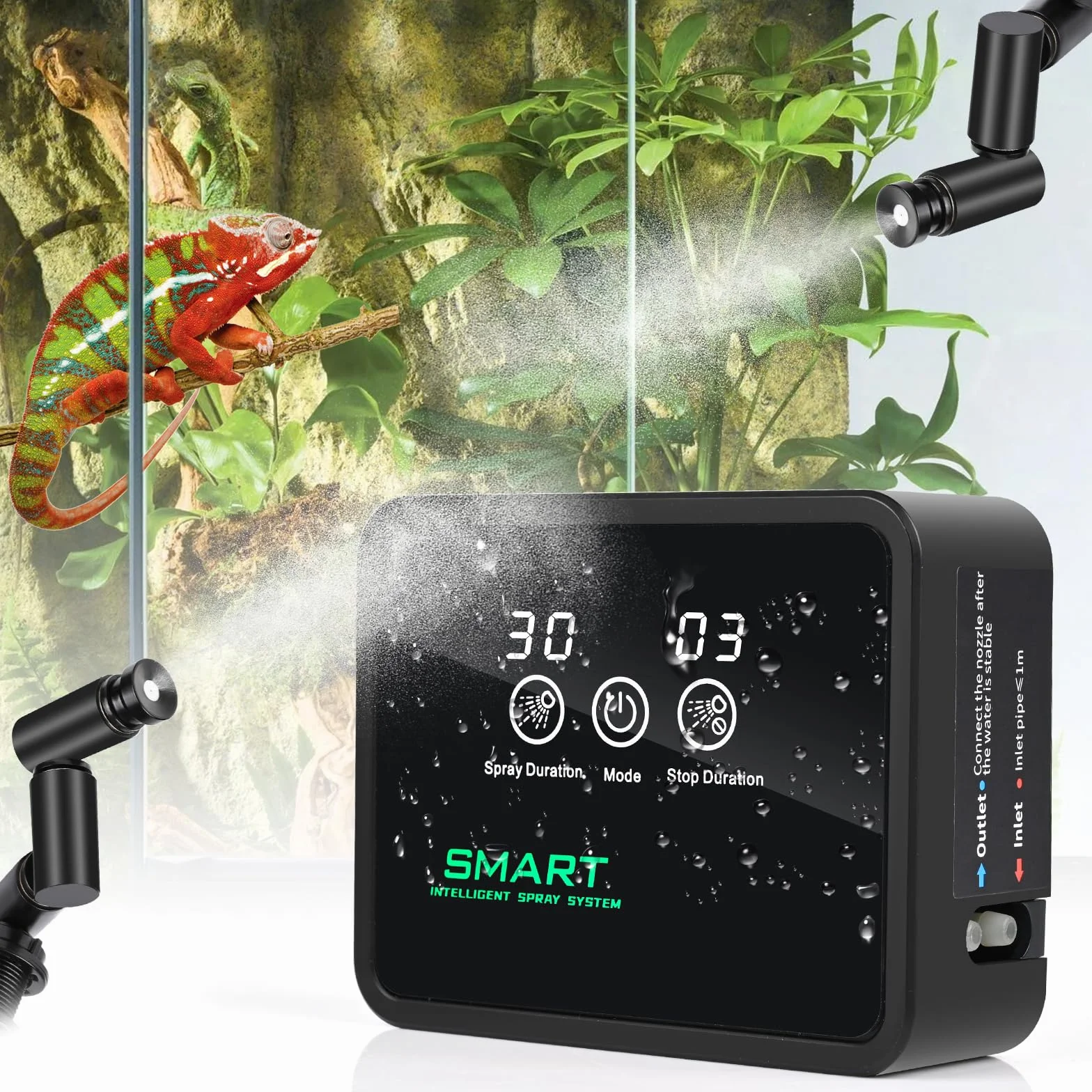 Inteligentny system nawadniania terrarium, Glovios nawilżacz terrarium z timerem i dyszami natryskowymi z regulacją 360 °, nawilżacz terrarium, nebulizator terrarium dla płazów gadów roślin