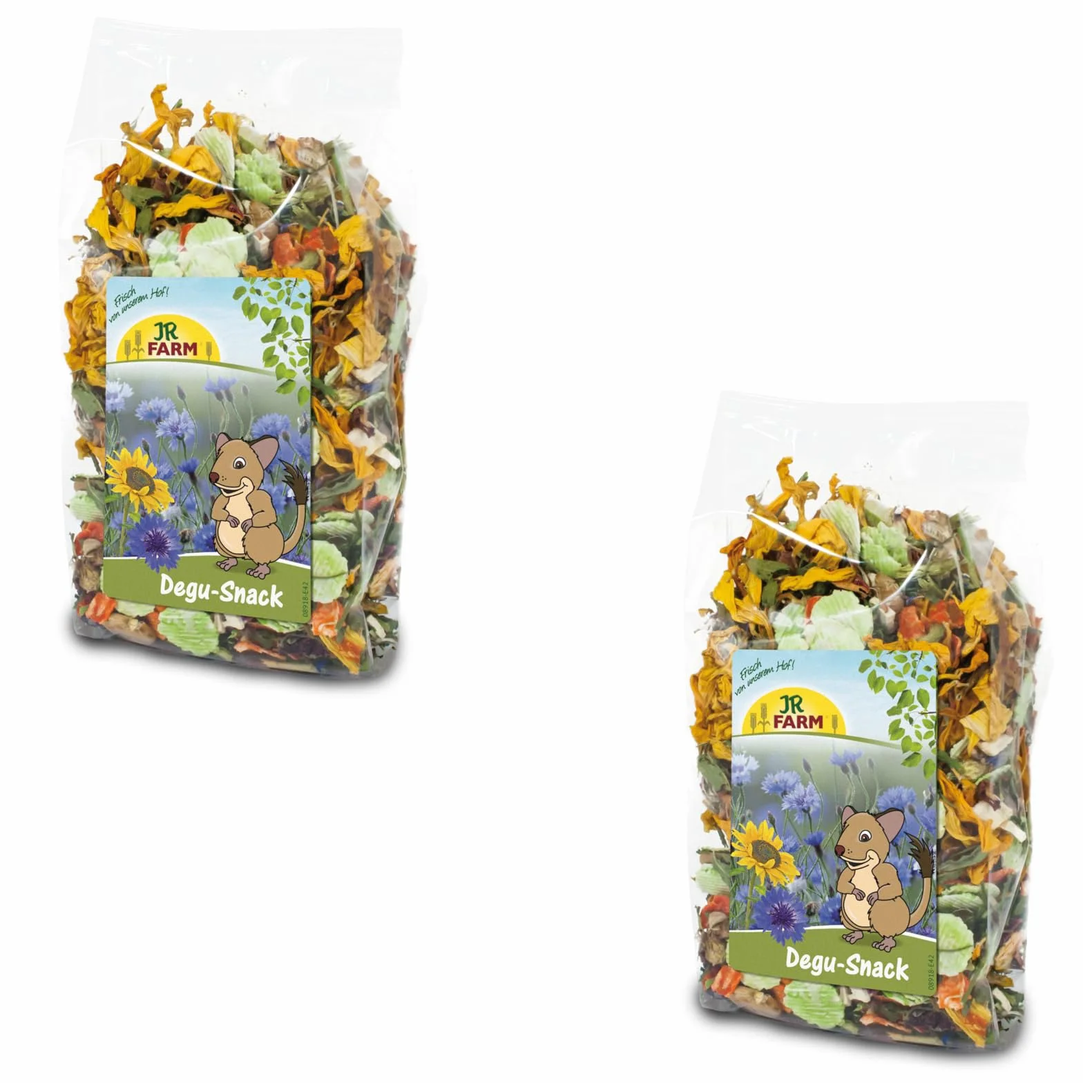 JR FARM Przekąska Degu | dwupak | 2 x 100 g | karma uzupełniająca dla degusa | z płatkami grochu, płatkami grochu, marchwi, burakami, pasternakiem, ziołami i kwiatami