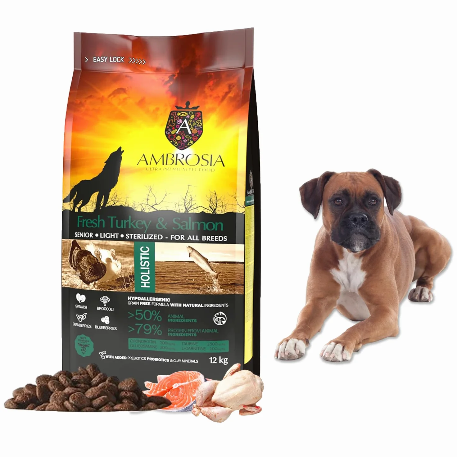 Ambrosia Ultra Premium Pet Food - Świeży indyk i łosoś – kontrola wagi – całościowo hipoalergiczna, nie zawiera zbóż, dla starszych i sterylizowana karma dla psów (12 kg)
