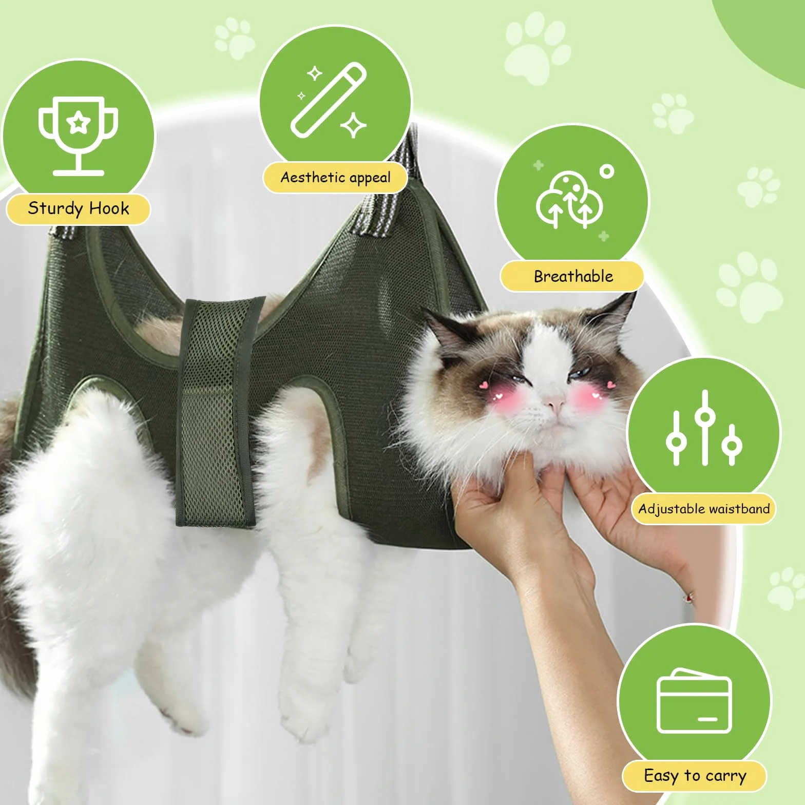 Hamak dla kotów, hamak dla kotów z regulowanym paskiem z 2 haczykami, łóżko dla kota z oddychającą tkaniną do pielęgnacji uszu, sierści oczu, cięcia paznokci, kąpieli i mycia